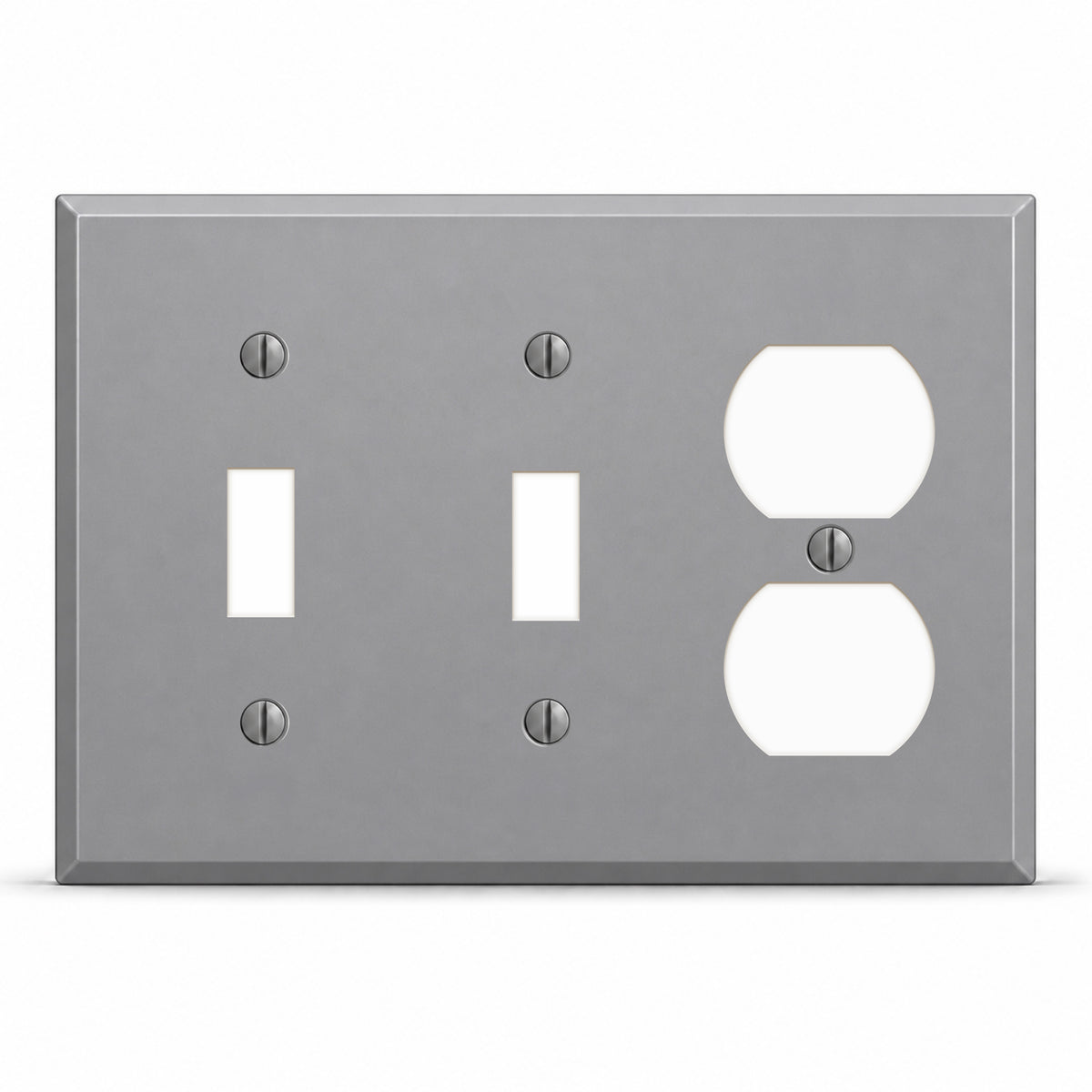 3-Gang, Standard Size, 2 Toggle Switch, 1 Duplex Opening, Gray Semi-Gloss Finish, Painted Metal Wall Plate Outlet Cover - Made in USA