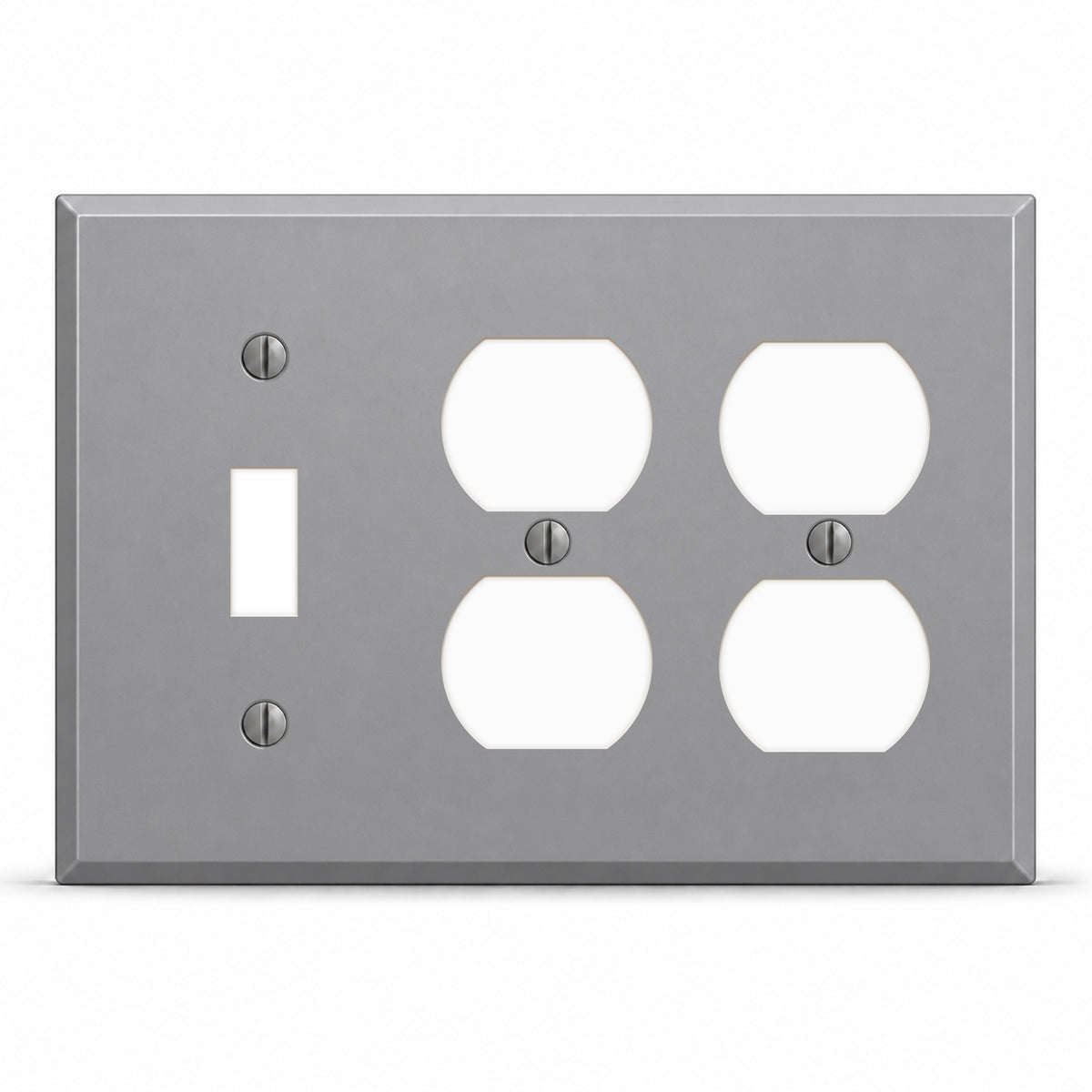 3-Gang, Standard Size, 1 Toggle Switch Opening, 2 Duplex Openings, Gray Semi-Gloss Finish, Painted Metal Wall Plate Outlet Cover - Made in USA