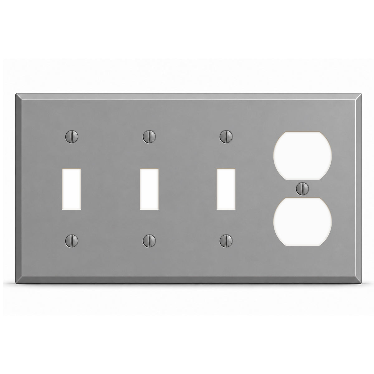 4-Gang, Standard Size, 3 Toggle Switch, 1 Duplex Opening, Gray Semi-Gloss Finish, Painted Metal Wall Plate Outlet Cover - Made in USA