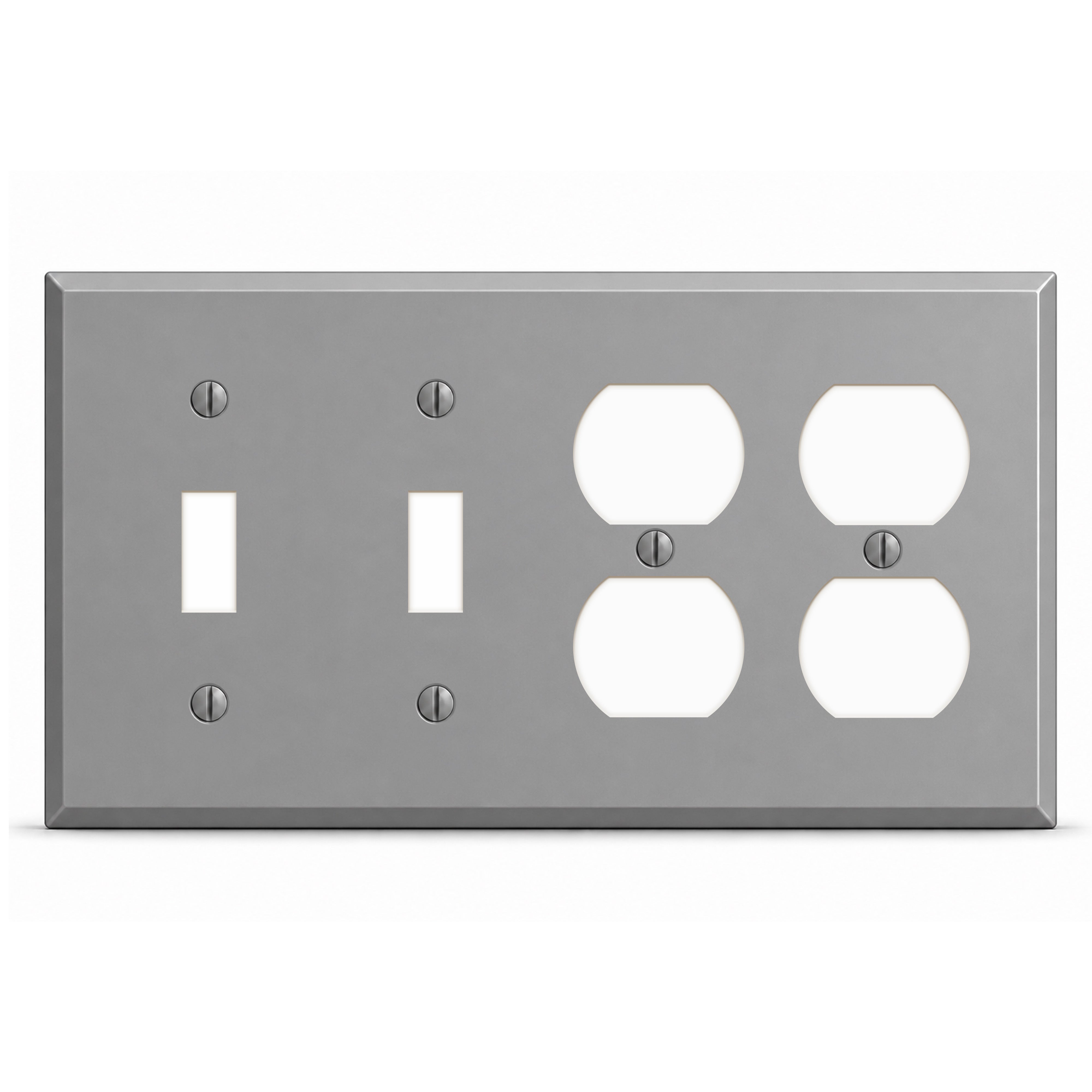 4-Gang, Standard Size, 2 Toggle Switch, 2 Duplex Opening, Gray Semi-Gloss Finish, Painted Metal Wall Plate Outlet Cover - Made in USA