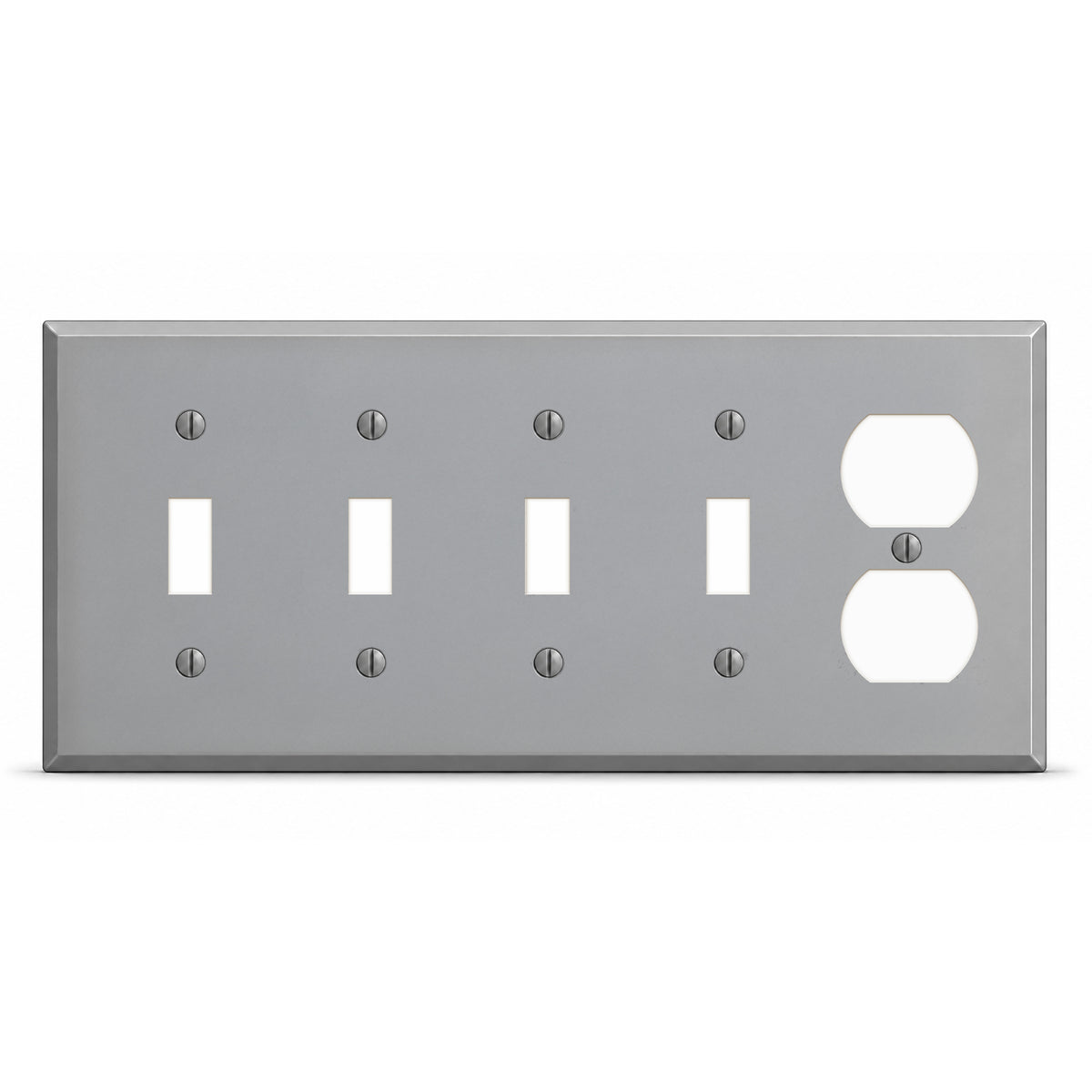 5-Gang, Standard Size, 4 Toggle Switch, 1 Duplex Opening, Gray Semi-Gloss Finish, Painted Metal Wall Plate Outlet Cover - Made in USA