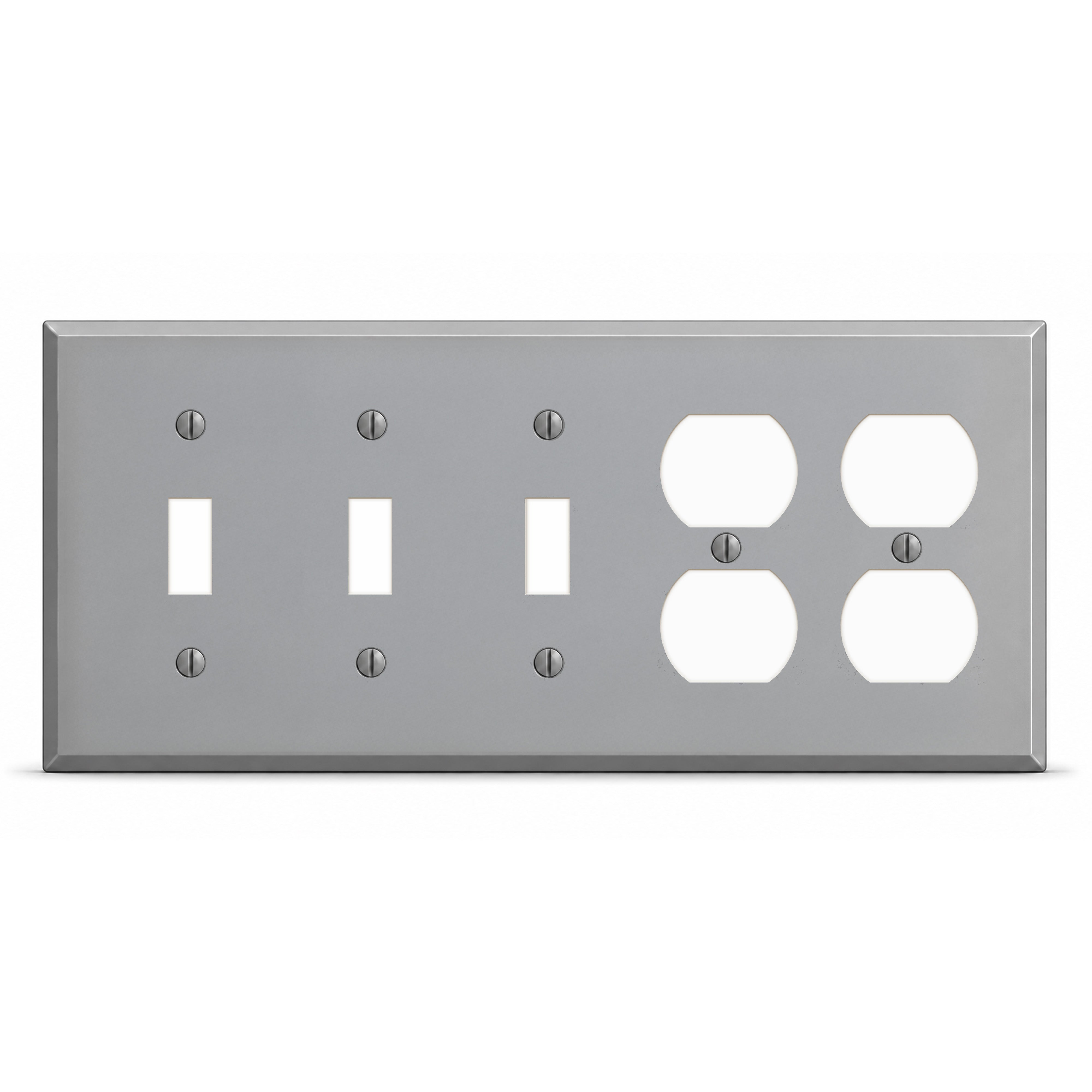 5-Gang, Standard Size, 3 Toggle Switch, 2 Duplex Opening, Gray Semi-Gloss Finish, Painted Metal Wall Plate Outlet Cover - Made in USA