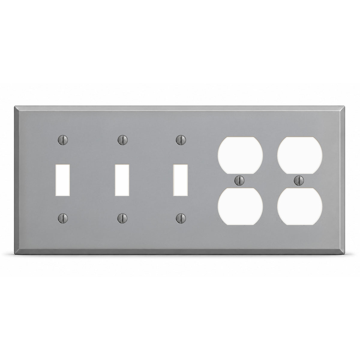 5-Gang, Standard Size, 3 Toggle Switch, 2 Duplex Opening, Gray Semi-Gloss Finish, Painted Metal Wall Plate Outlet Cover - Made in USA