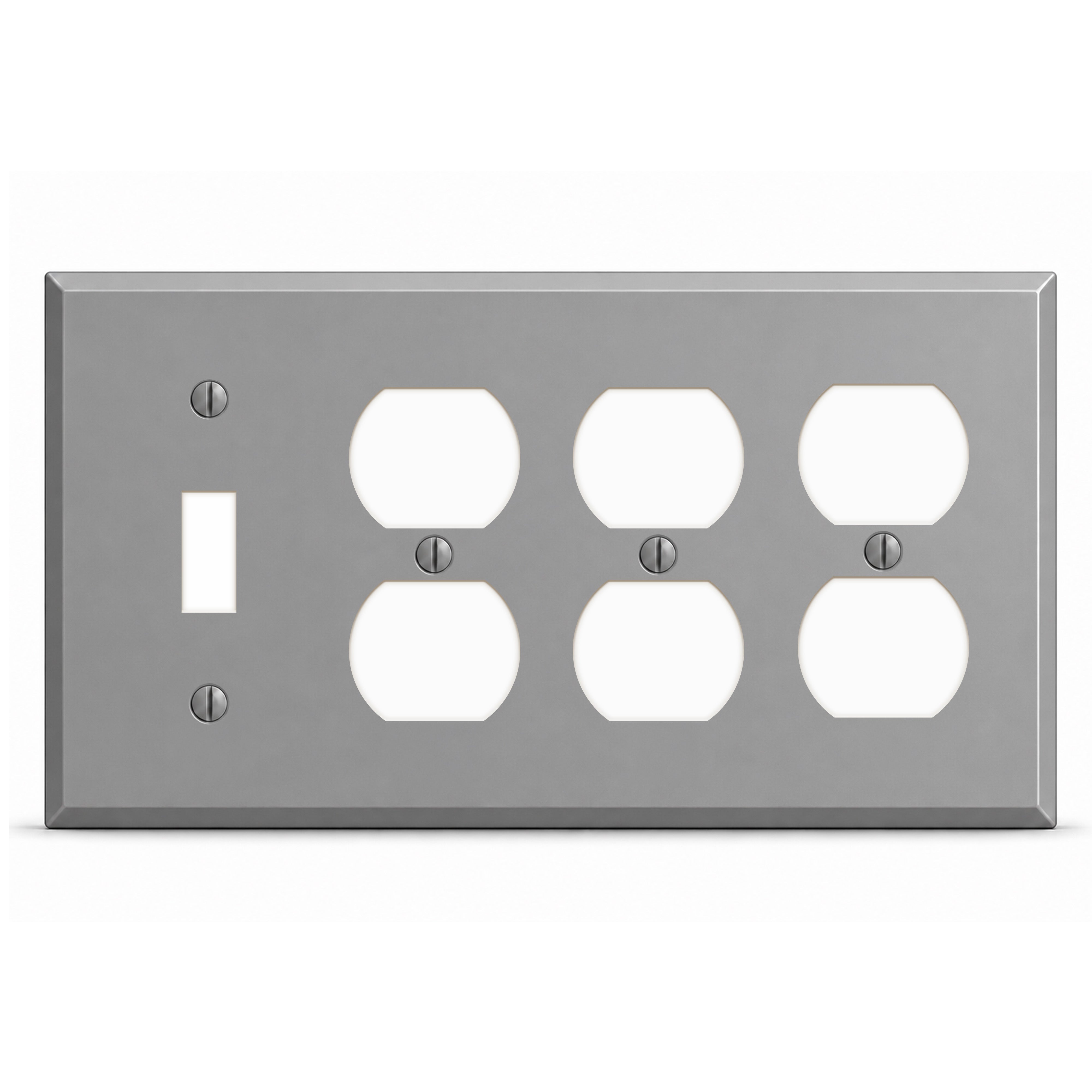 4-Gang, Standard Size, 1 Toggle Switch, 3 Duplex Opening, Gray Semi-Semi-Gloss Finish, Painted Metal Wall Plate Outlet Cover - Made in USA