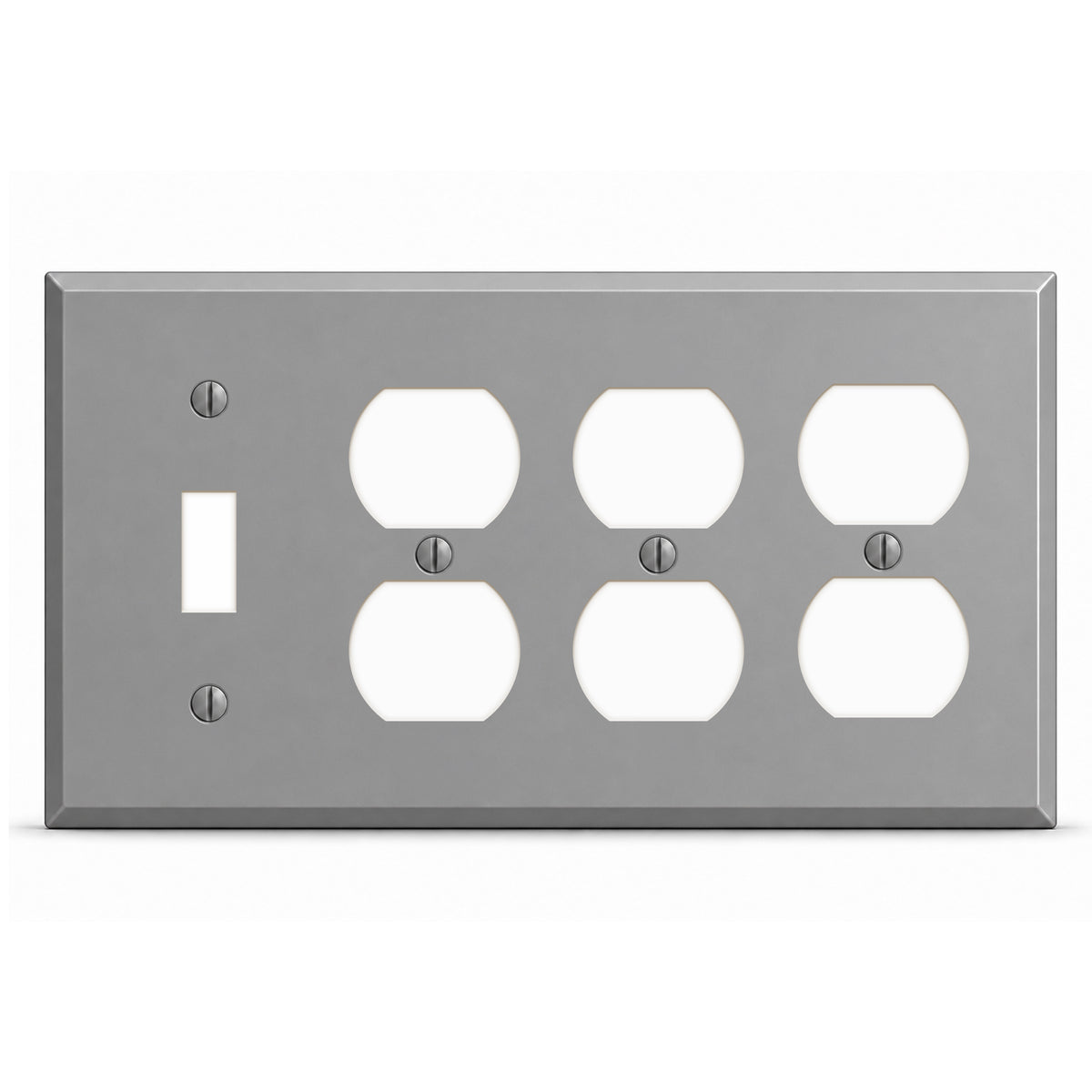 4-Gang, Standard Size, 1 Toggle Switch, 3 Duplex Opening, Gray Semi-Semi-Gloss Finish, Painted Metal Wall Plate Outlet Cover - Made in USA
