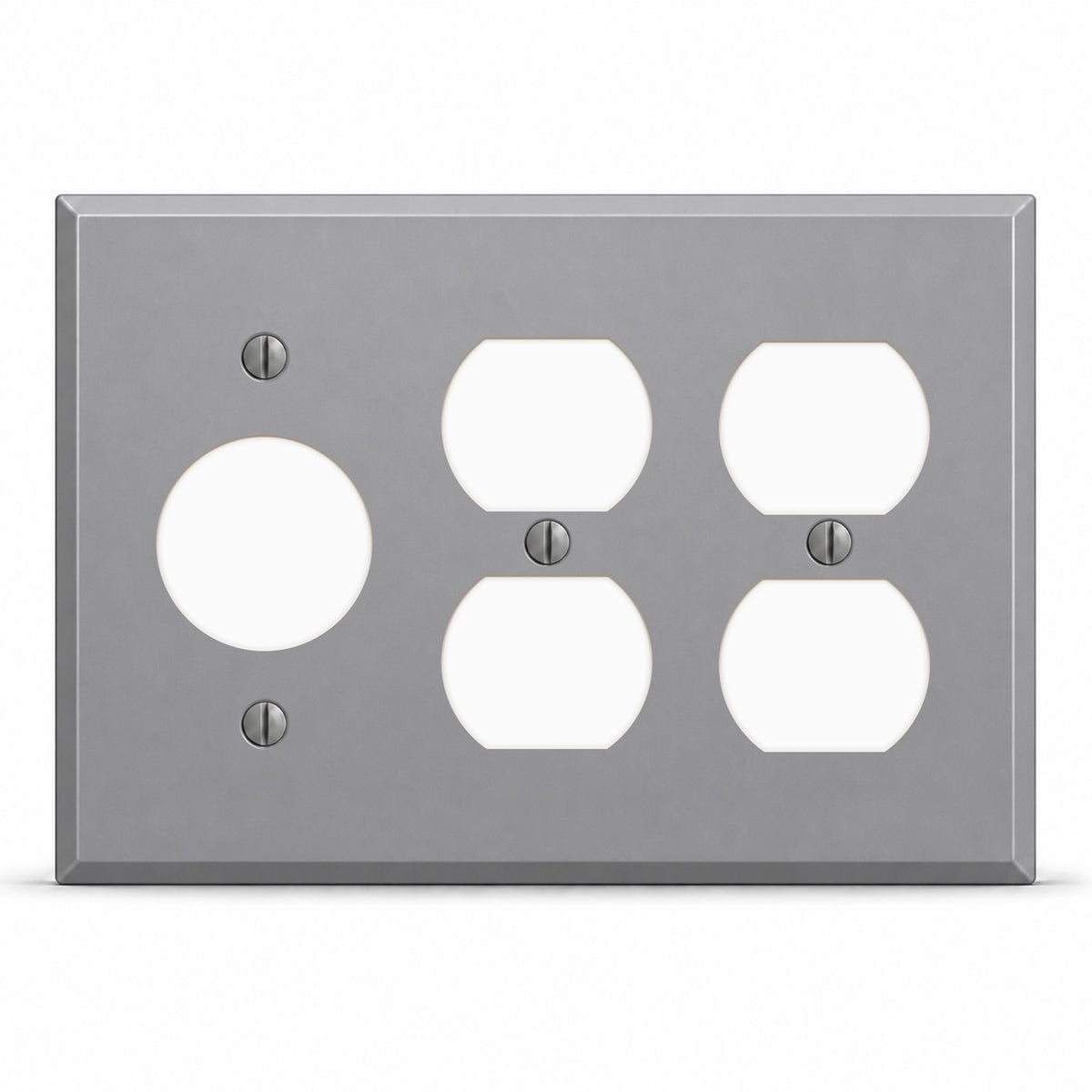 3-Gang, Standard Size, 1 Single Receptacle (1.405 in. ID), 2 Duplex Opening, Gray Semi-Gloss Finish, Painted Metal Wall Plate Outlet Cover - Made in USA