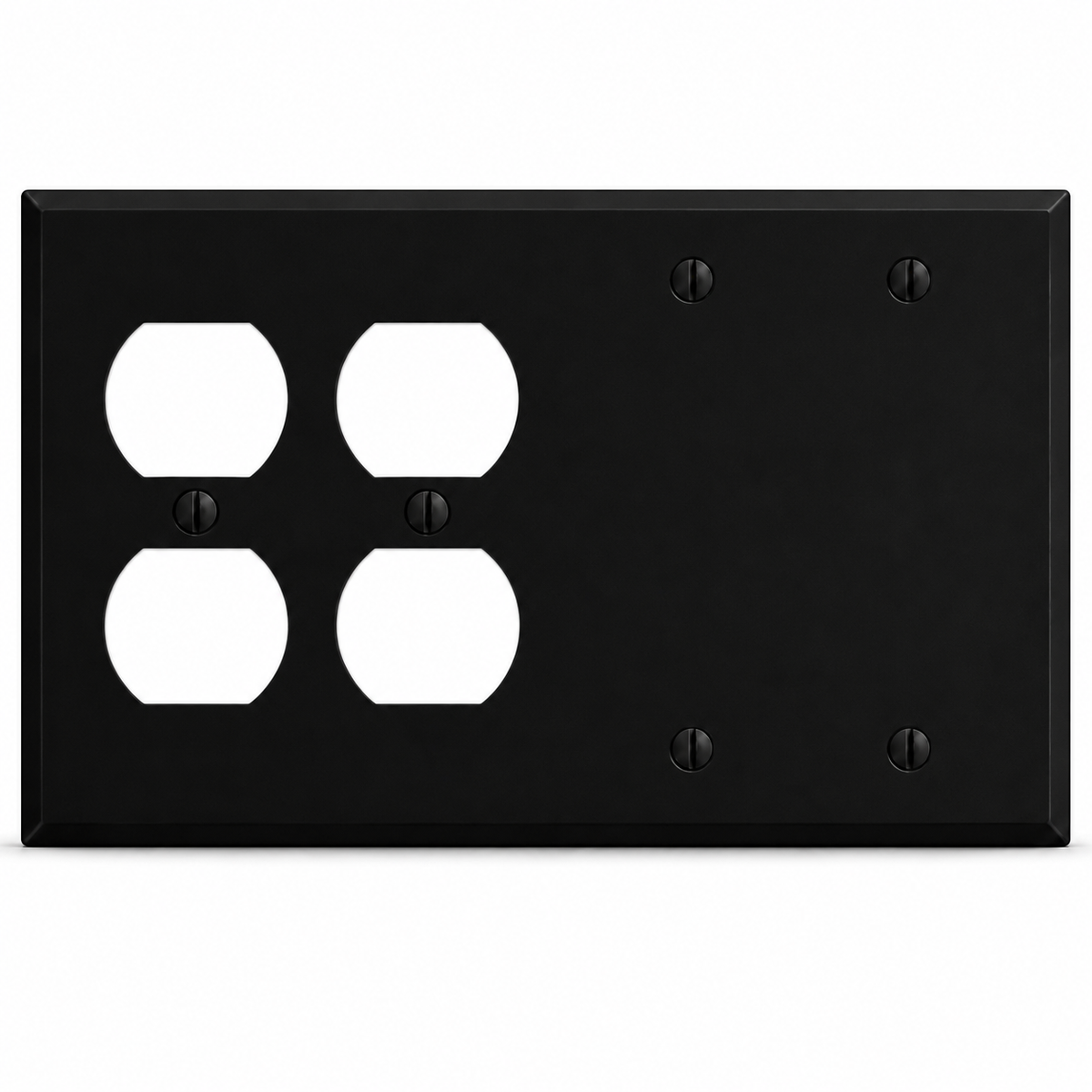 4-Gang, Standard Size, (2) Duplex, (2) Blank, Black Matte, Painted Metal Wall Plate Outlet Cover - Made in USA