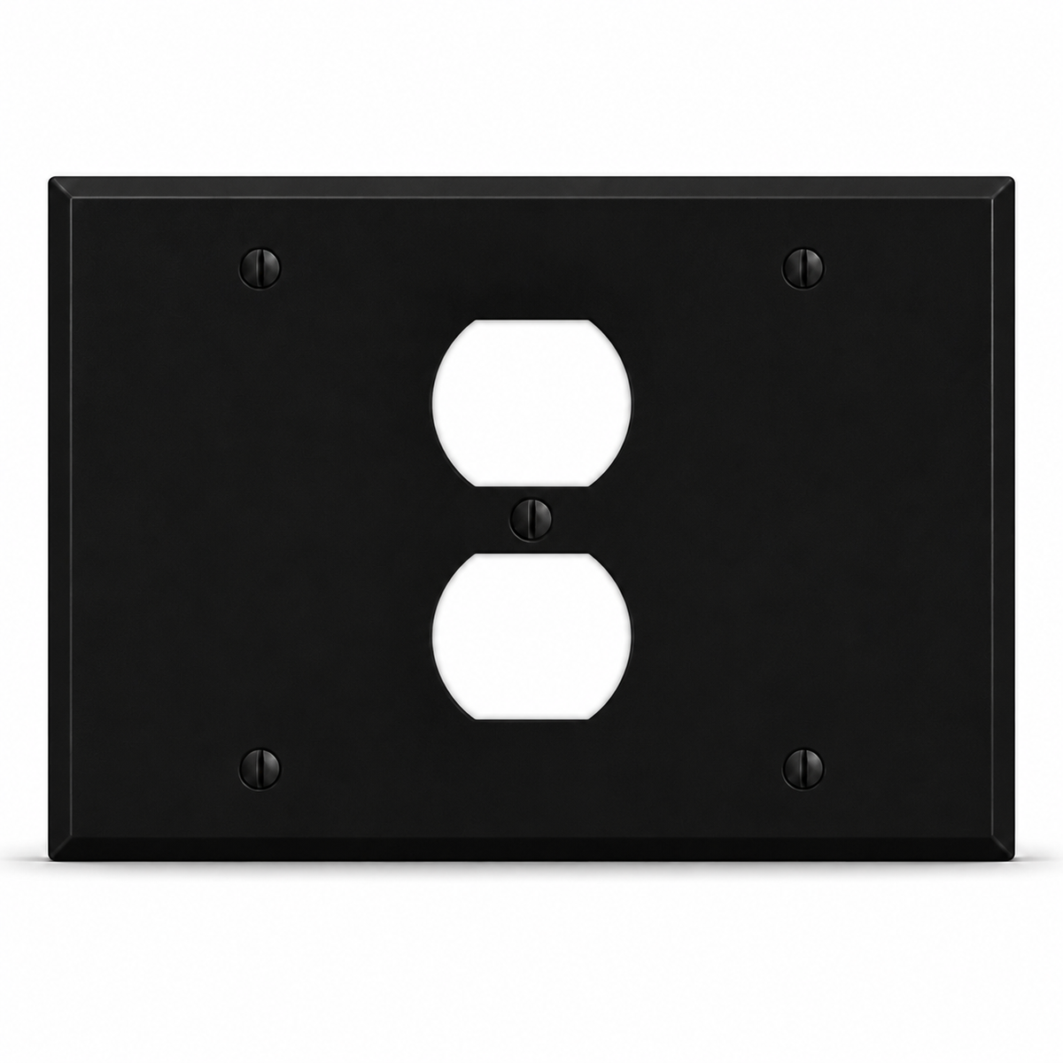 3-Gang, Standard Size, (1) Blank, (1) Duplex, (1) Blank, Black Matte, Painted Metal Wall Plate Outlet Cover - Made in USA