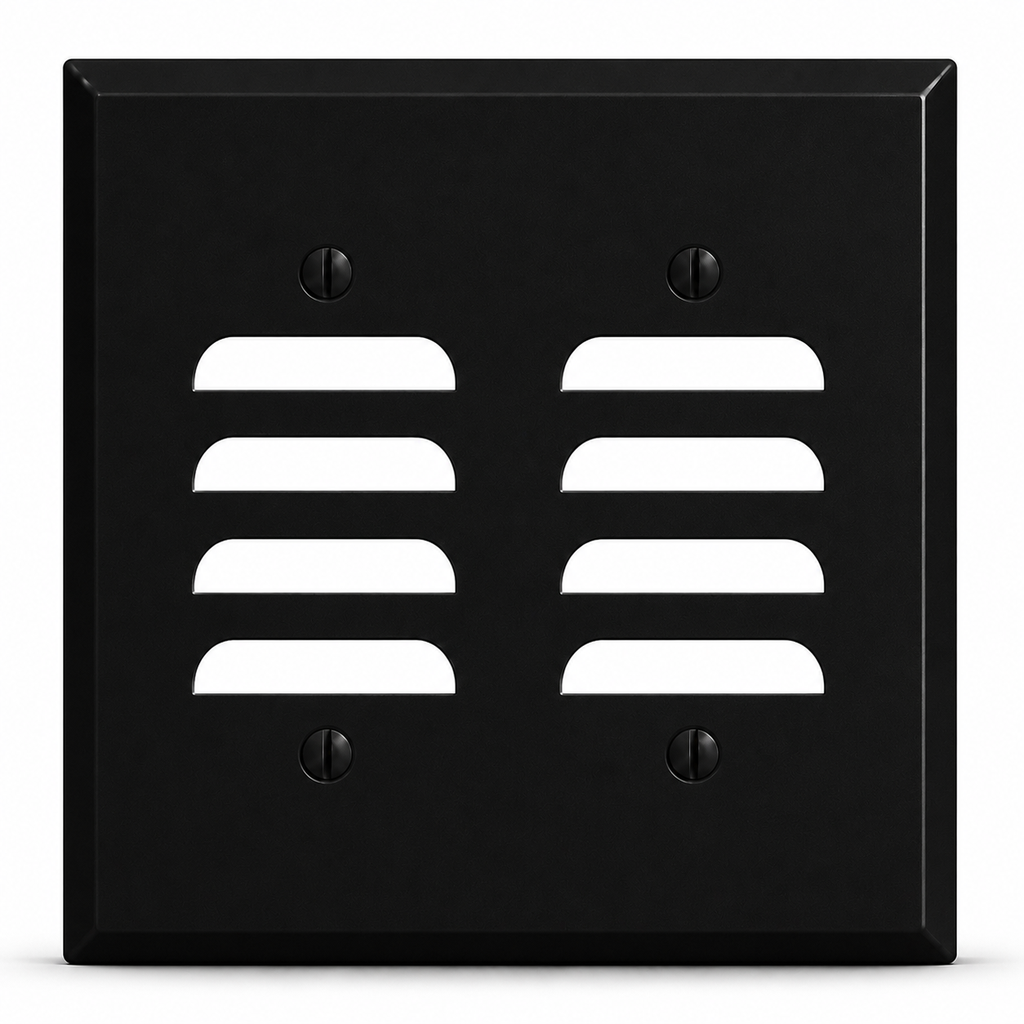 2-Gang, Standard Size, 2 Vertical Louver Openings, Black Matte Finish, Painted Metal Wall Plate Outlet Cover - Made in USA