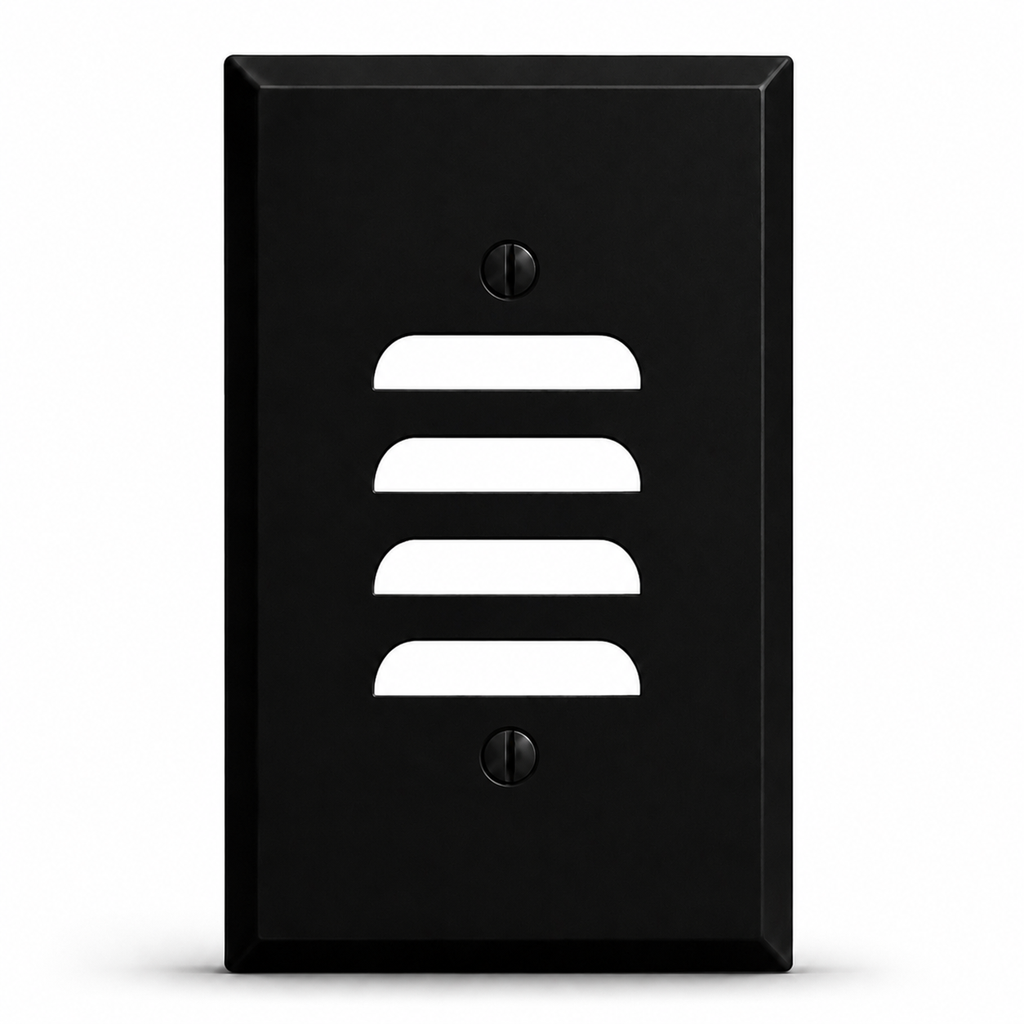 1-Gang, Standard Size, Vertical Louver Opening, Black Matte Finish, Painted Metal Wall Plate Outlet Cover - Made in USA