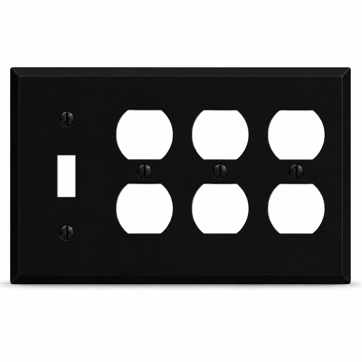 4-Gang, Standard Size, 1 Toggle Switch, 3 Duplex Receptacles, Black Matte, Painted Metal Wall Plate Outlet Cover – Made in USA