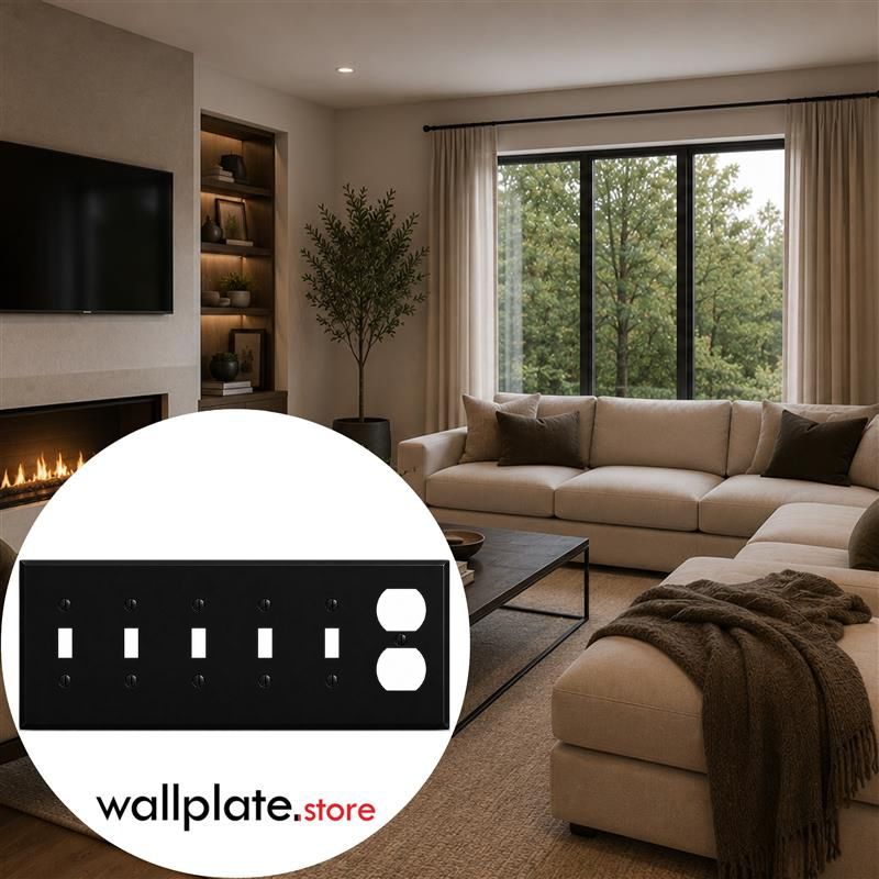 5-Gang, Standard Size, 3 Toggle Switches, 2 Duplex Receptacles, Black Matte, Painted Metal Wall Plate Outlet Cover – Made in USA