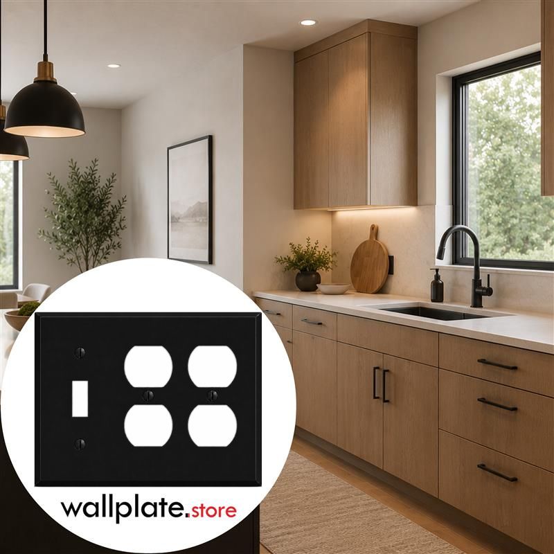 3-Gang, Standard Size, 1 Toggle Switch, 2 Duplex Openings, Black Matte, Painted Metal Wall Plate Outlet Cover - Made in USA