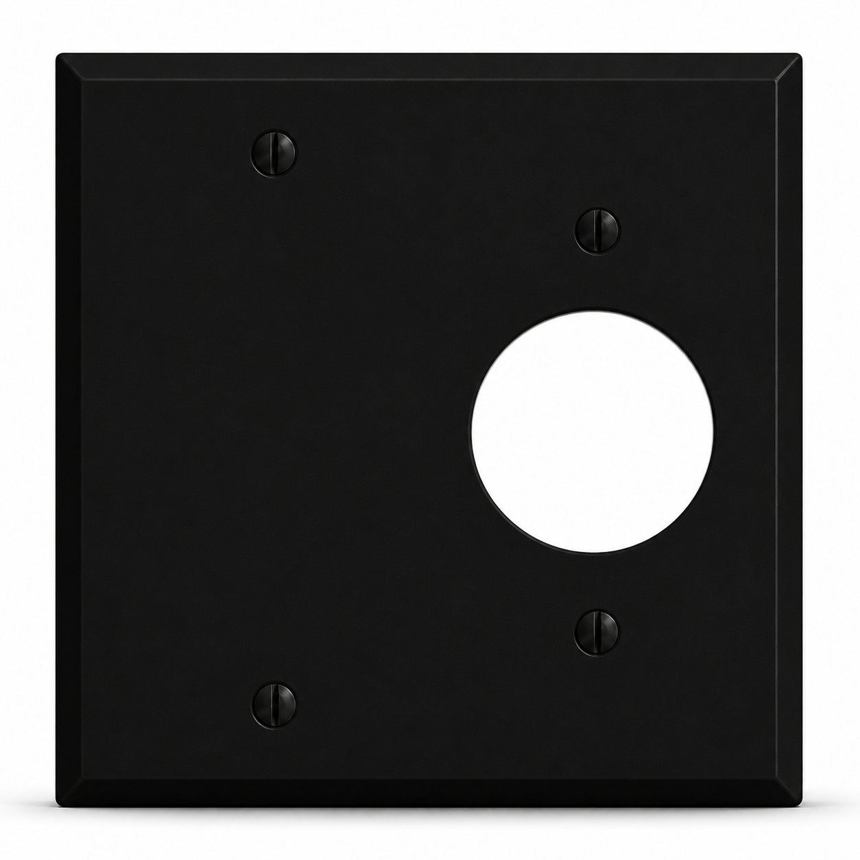 2-Gang, Standard Size, (1) Single Receptacle Opening (1.405 in. ID) and (1) Blank, Black Matte, Painted Metal Wall Plate Outlet Cover - Made in USA