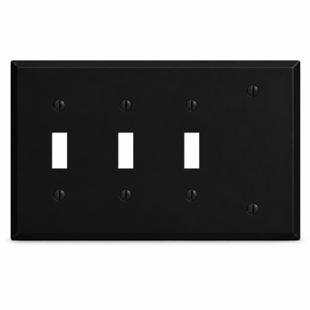 4-Gang, Standard Size, (3) Toggle, (1) Blank, Black Matte, Painted Metal Wall Plate Outlet Cover - Made in USA