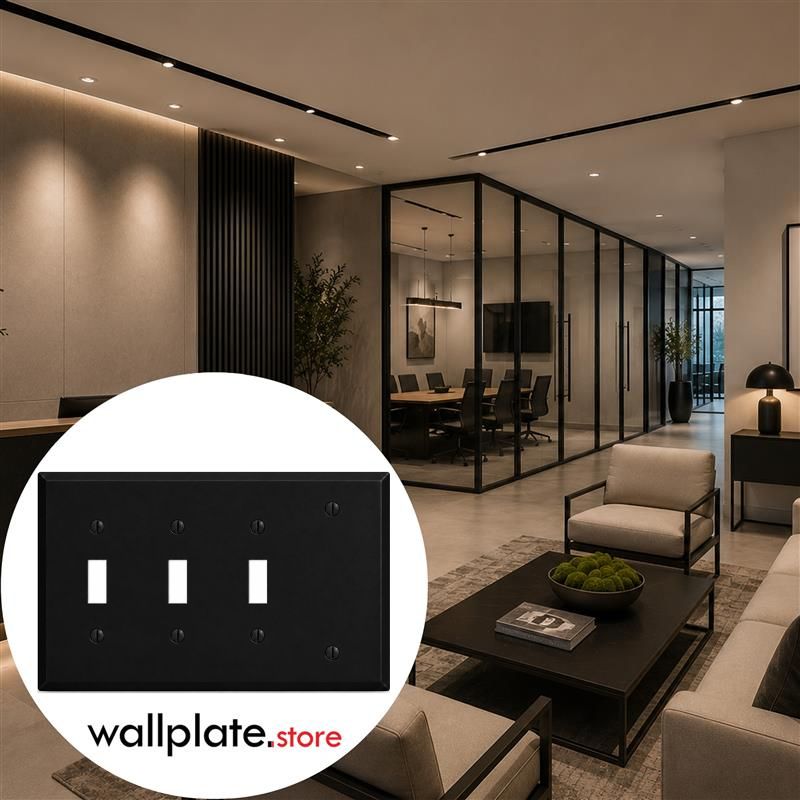 4-Gang, Standard Size, (3) Toggle, (1) Blank, Black Matte, Painted Metal Wall Plate Outlet Cover - Made in USA
