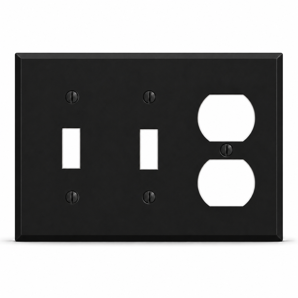 3-Gang, Standard Size, (2) Toggle Switches and (1) Duplex Receptacle Opening, Black Matte, Painted Metal Wall Plate Outlet Cover - Made in USA