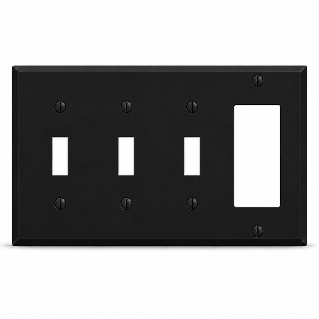 4-Gang, Standard Size, (3) Toggle, (1) GFI, Black Matte, Painted Metal Wall Plate Outlet Cover - Made in USA
