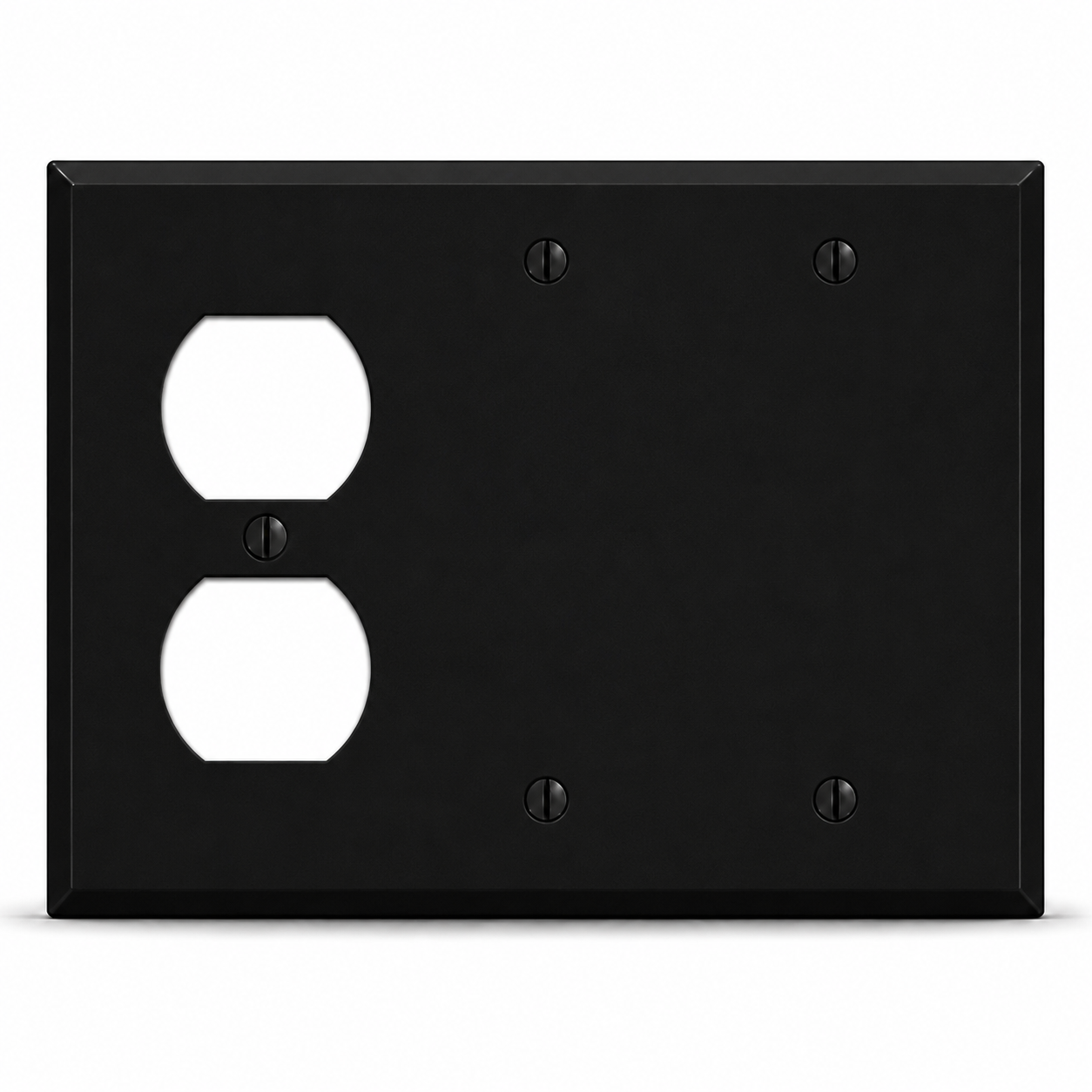 3-Gang, Standard Size, (1) Duplex, (2) Blank, Black Matte, Painted Metal Wall Plate Outlet Cover - Made in USA