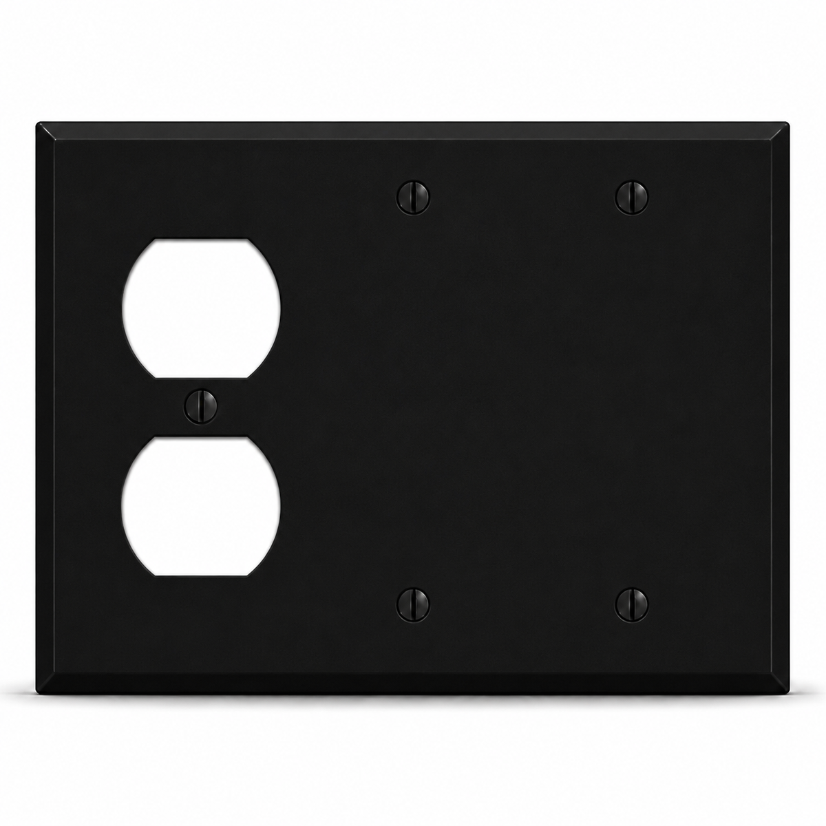 3-Gang, Standard Size, (1) Duplex, (2) Blank, Black Matte, Painted Metal Wall Plate Outlet Cover - Made in USA