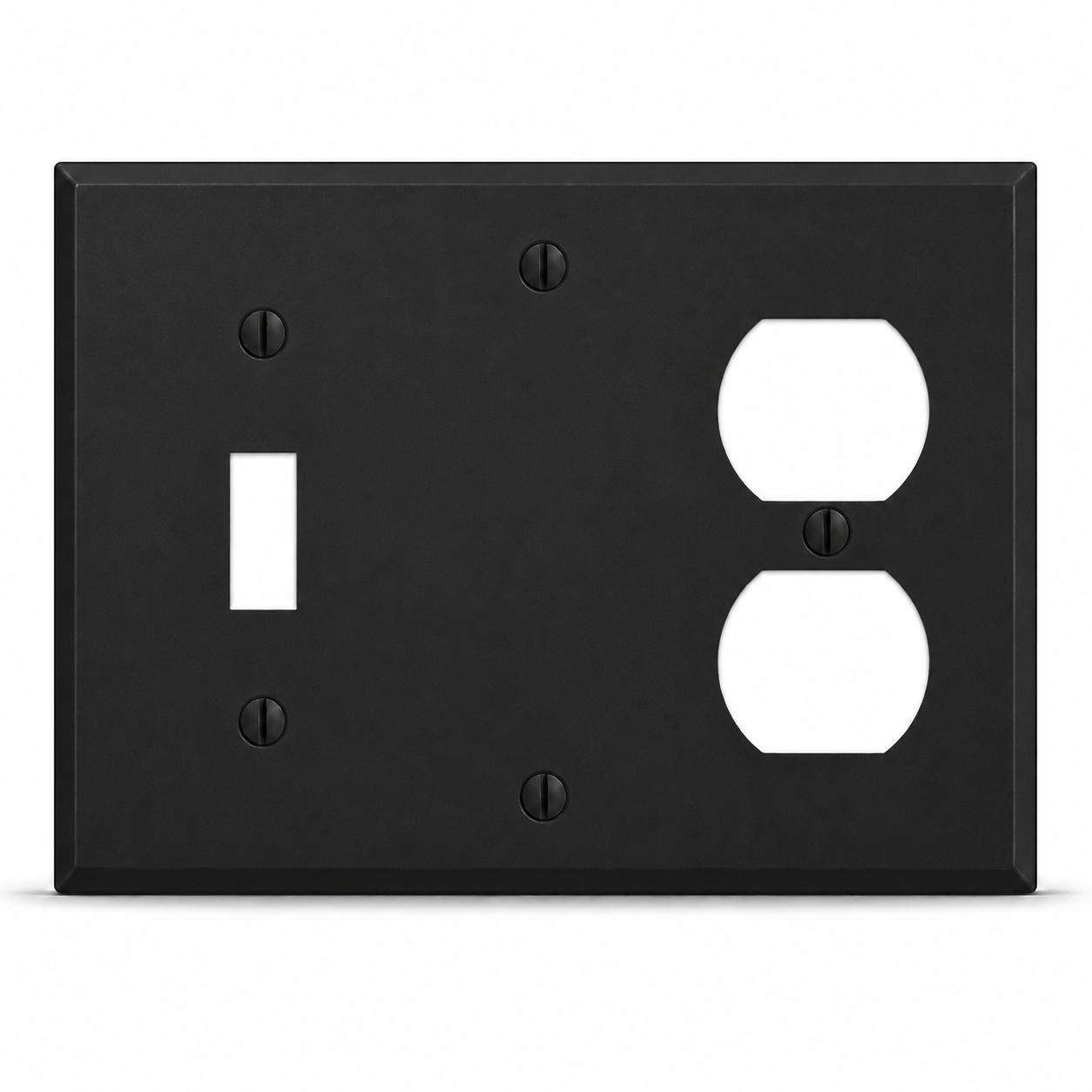 3-Gang, Standard Size, (1) Toggle, (1) Blank, (1) Duplex, Black Matte, Painted Metal Wall Plate Outlet Cover - Made in USA