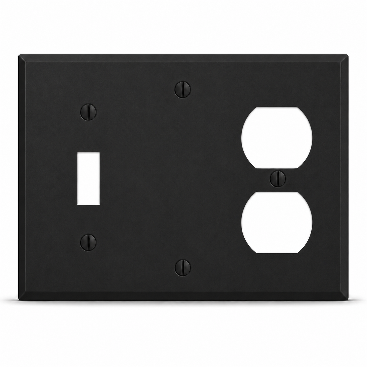 3-Gang, Standard Size, (1) Toggle, (1) Blank, (1) Duplex, Black Matte, Painted Metal Wall Plate Outlet Cover - Made in USA