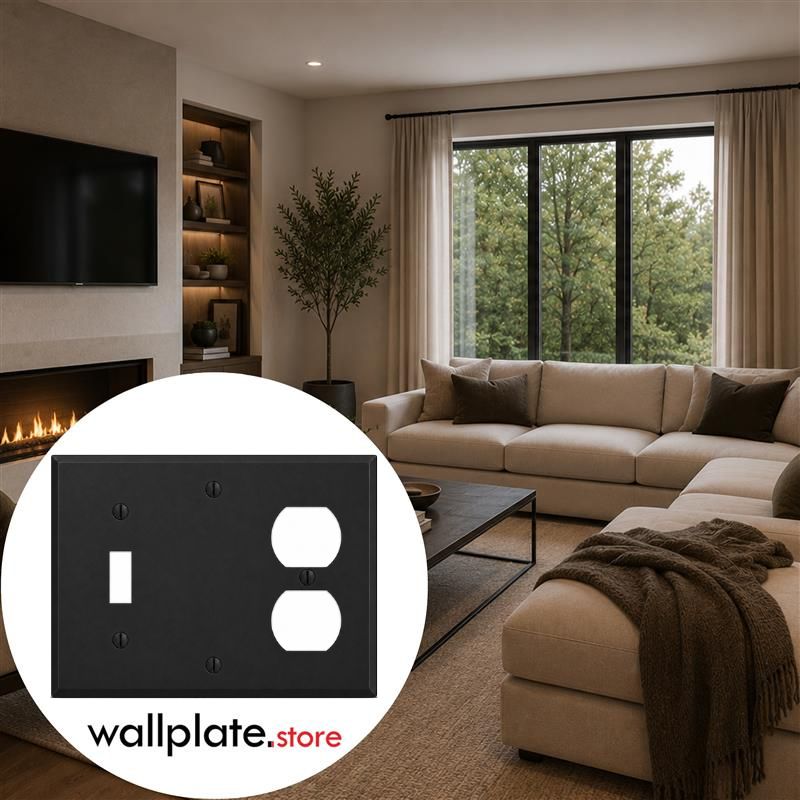 3-Gang, Standard Size, (1) Toggle, (1) Blank, (1) Duplex, Black Matte, Painted Metal Wall Plate Outlet Cover - Made in USA