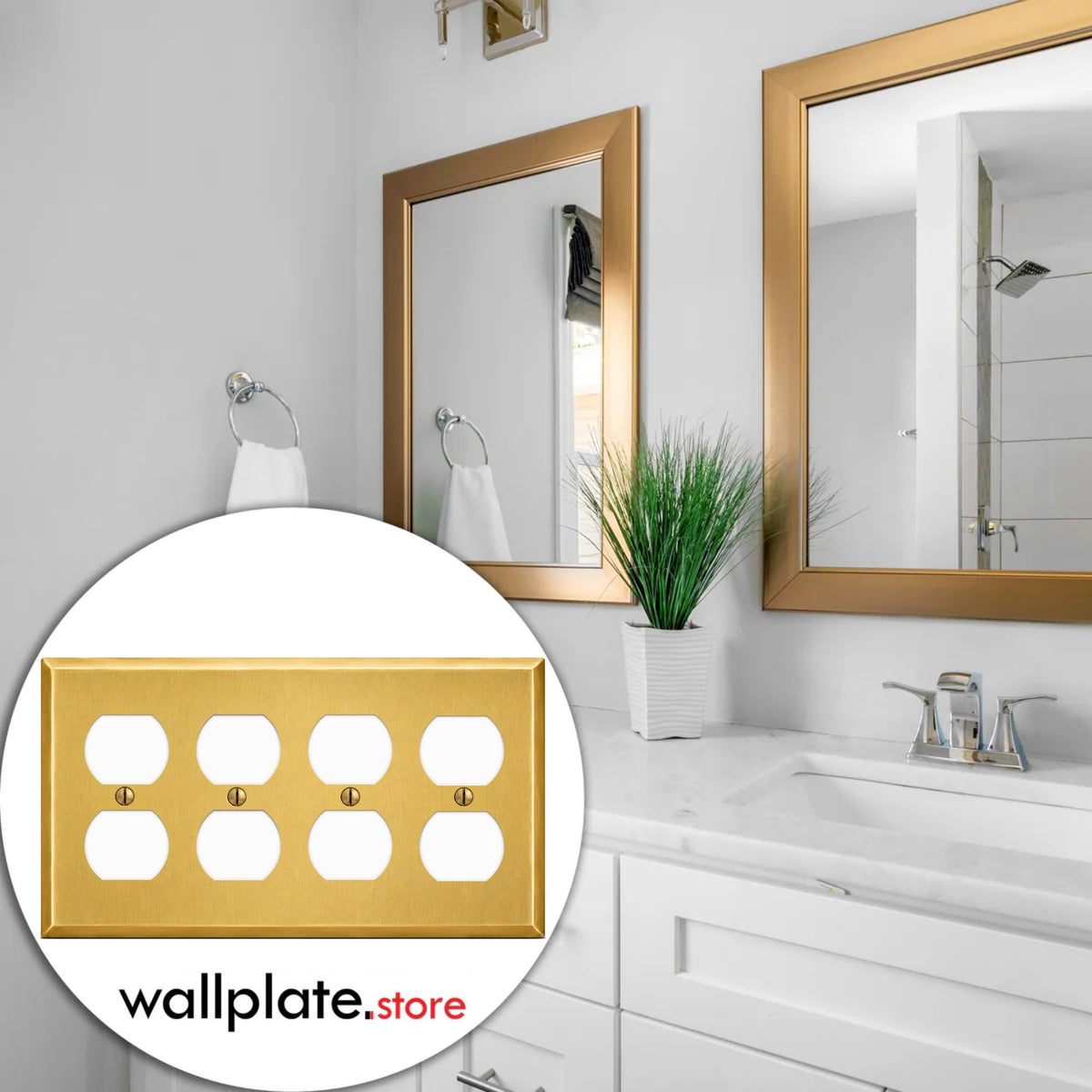 4-Gang, Standard Size, 4 Duplex Receptacles, Satin Brass Finish Wall Plate Outlet Cover - Made in USA