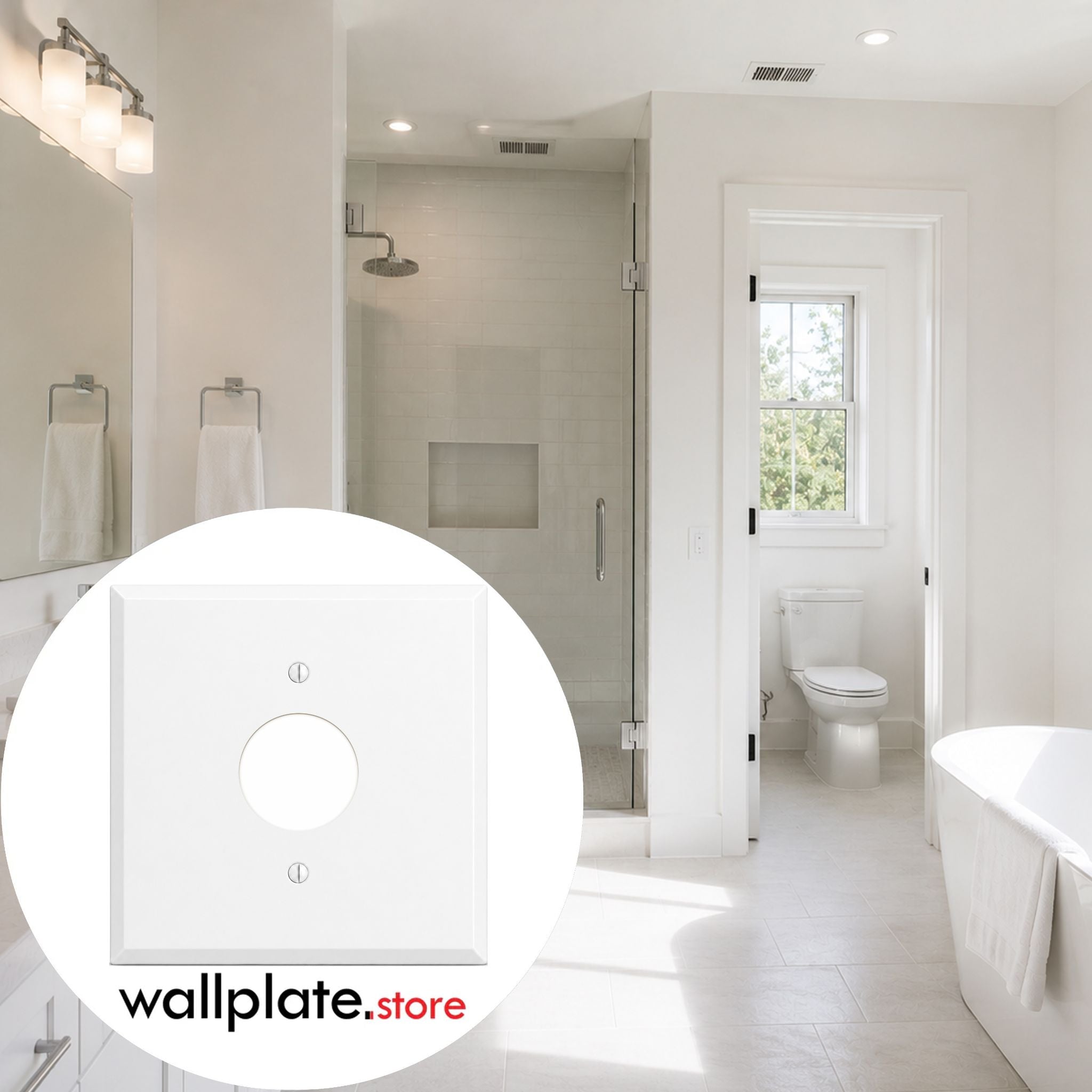 2-Gang, Standard Size, Centered Single Receptacle Opening (1.405 in. ID), White Semi-Gloss Finish, Painted Metal Wall Plate Outlet Cover - Made in USA