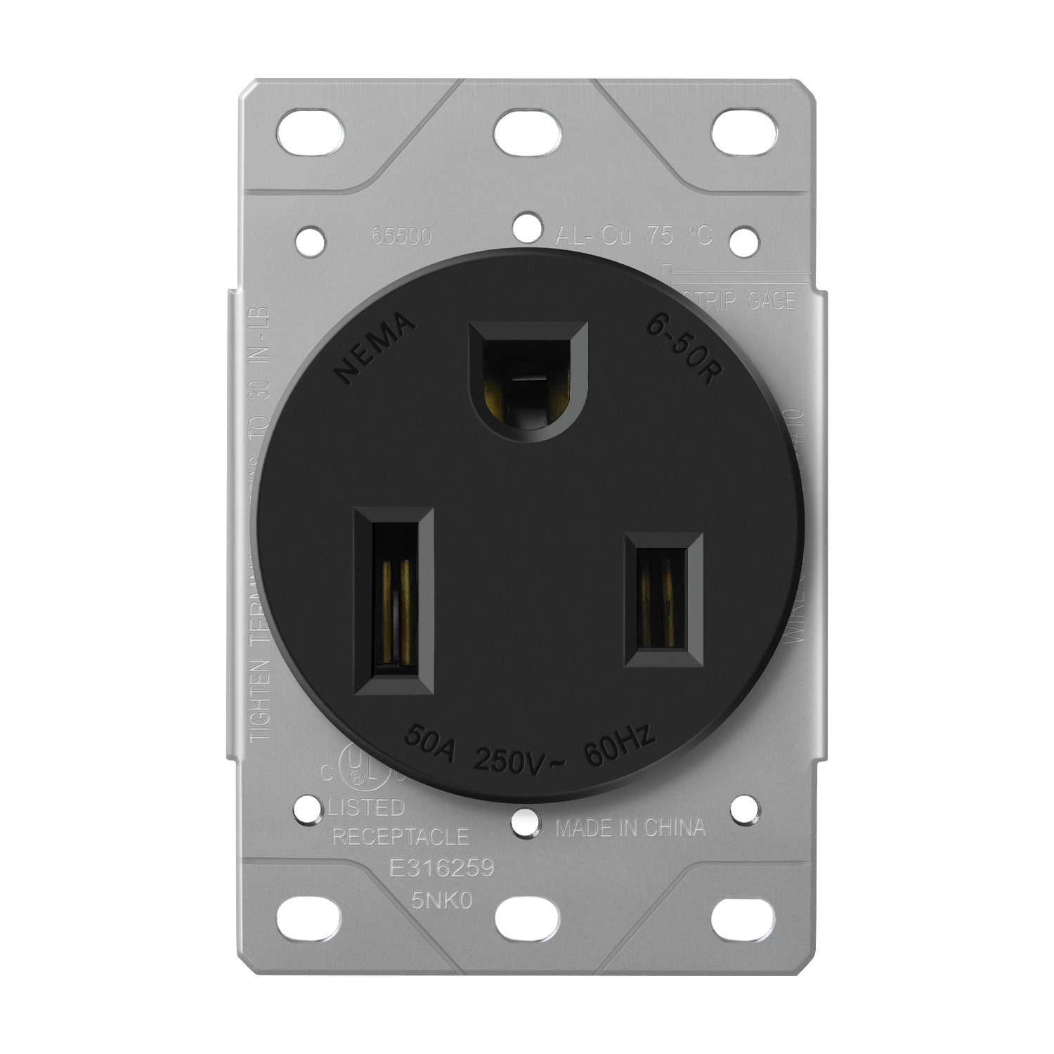 NEMA 6-50R, 50A 250V, Heavy-Duty Flush Receptacle, Thermoplastic, Industrial Grade Electrical Outlet - Model 65500