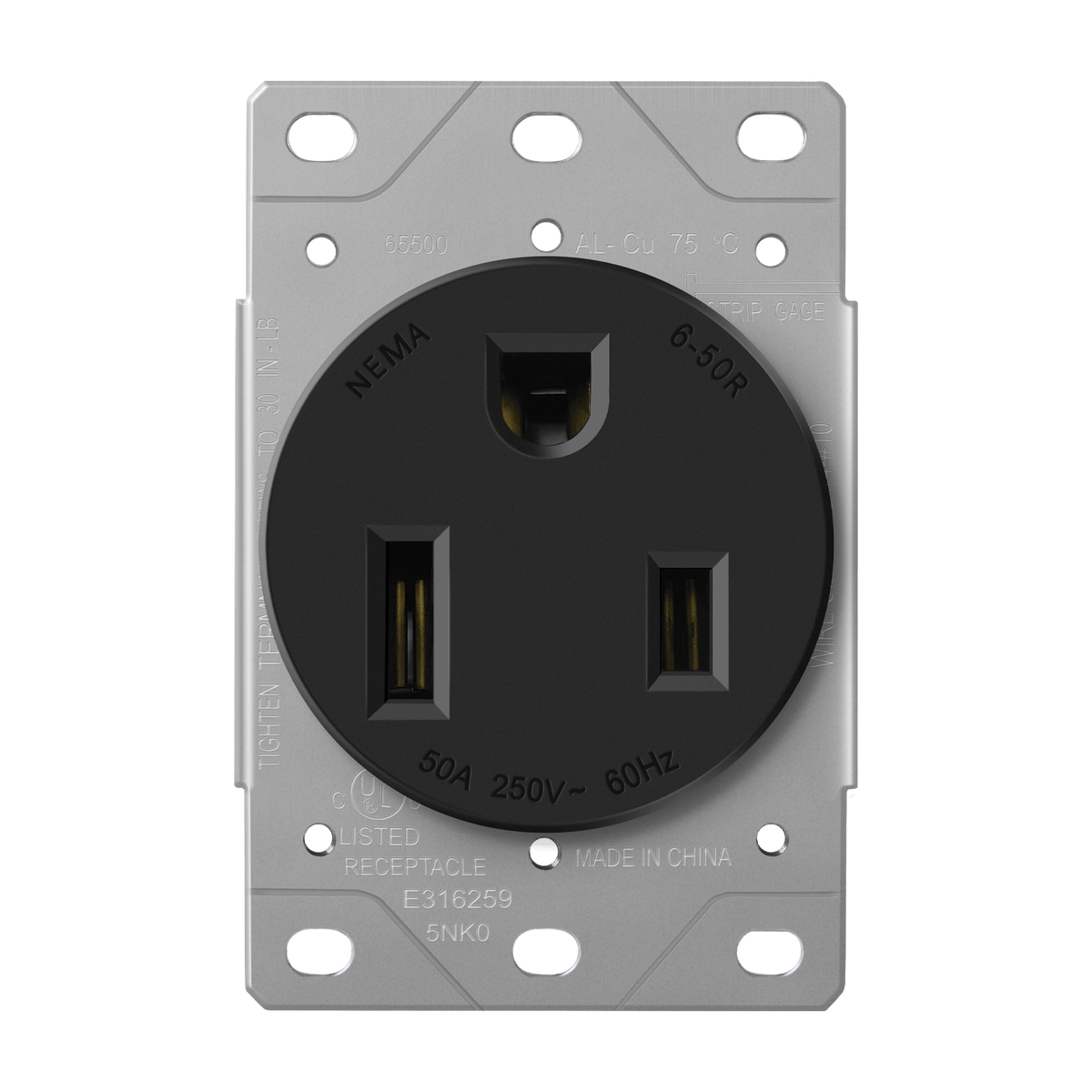 (1 Pack) NEMA 6-50R, 50A 250V, Heavy-Duty Flush Receptacle, Thermoplastic, Industrial Grade Electrical Outlet - Model 65500