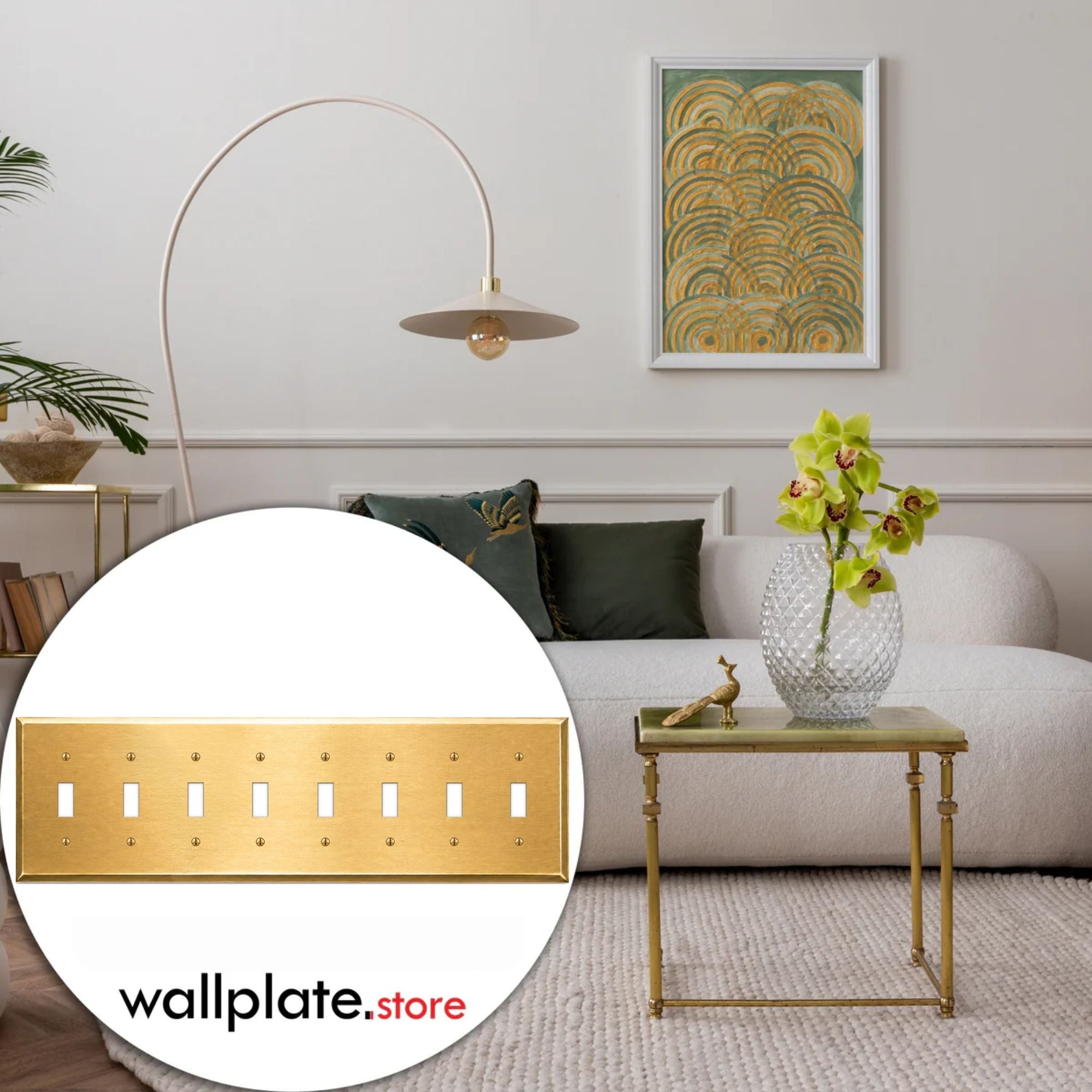 8-Gang, Standard Size, 8 Toggle Switch Openings, Satin Brass Finish, Solid Brass Wall Plate Outlet Cover - Made in USA