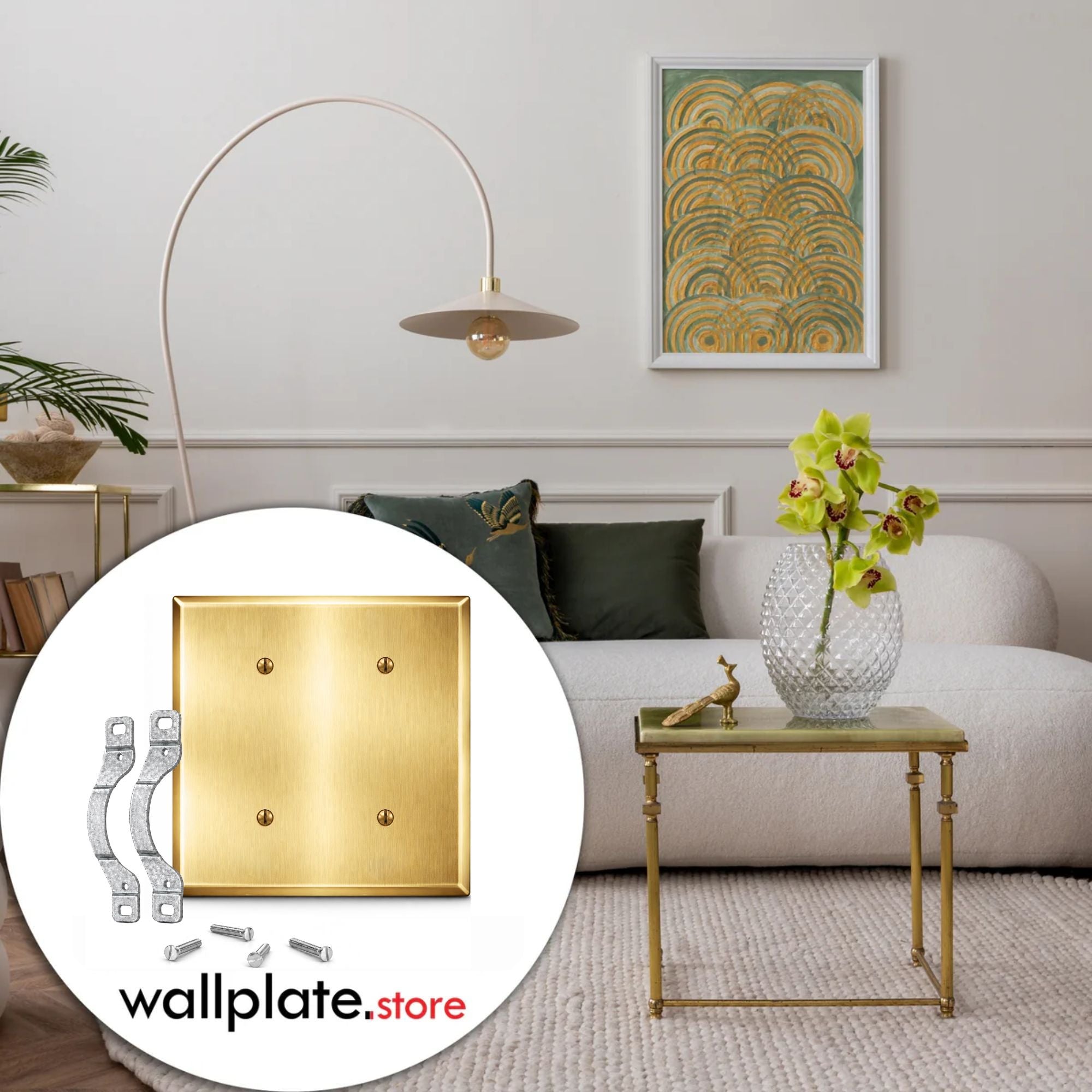 2-Gang, Standard Size, 2 Blank Openings with Mounting Straps, Satin Brass Finish, Metal Wall Plate Outlet Cover - Made in USA