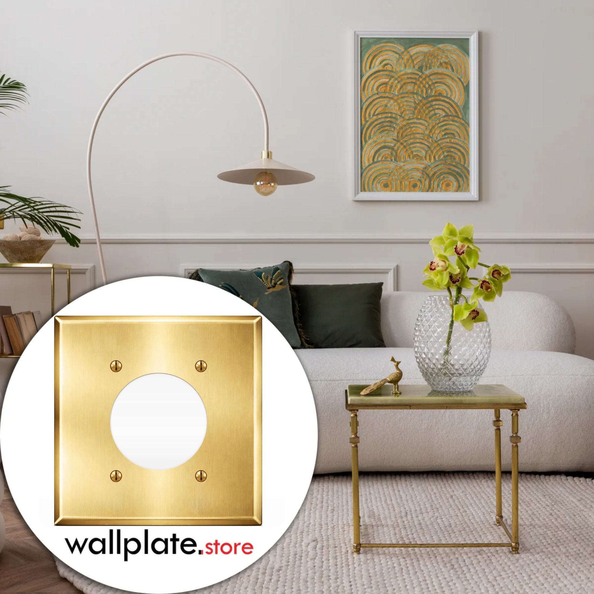 2-Gang, Standard Size, One 30/50A 3 Wire Range/Dryer Round Receptacle Opening (2.125 in. ID), Centered, Satin Brass Finish, Metal Wall Plate Outlet Cover - Made in USA