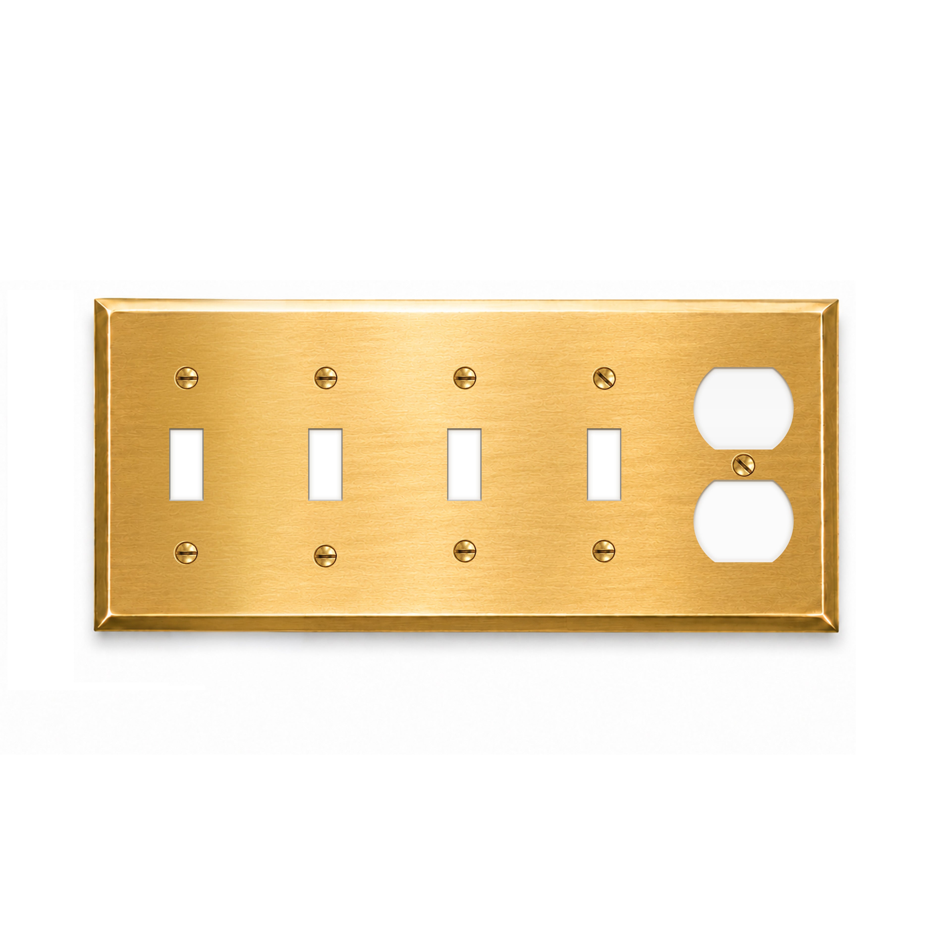 5-Gang Wallplate, Standard Size, 4 Toggle Switch & 1 Duplex Outlet Openings, Satin Brass Finish Metal Wall Plate - Made in USA