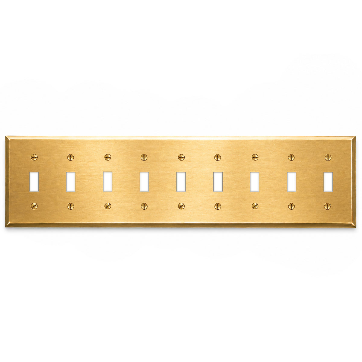 9-Gang, Standard Size, 9 Toggle Switch Openings, Satin Brass Finish, Solid Brass Wall Plate Outlet Cover - Made in USA