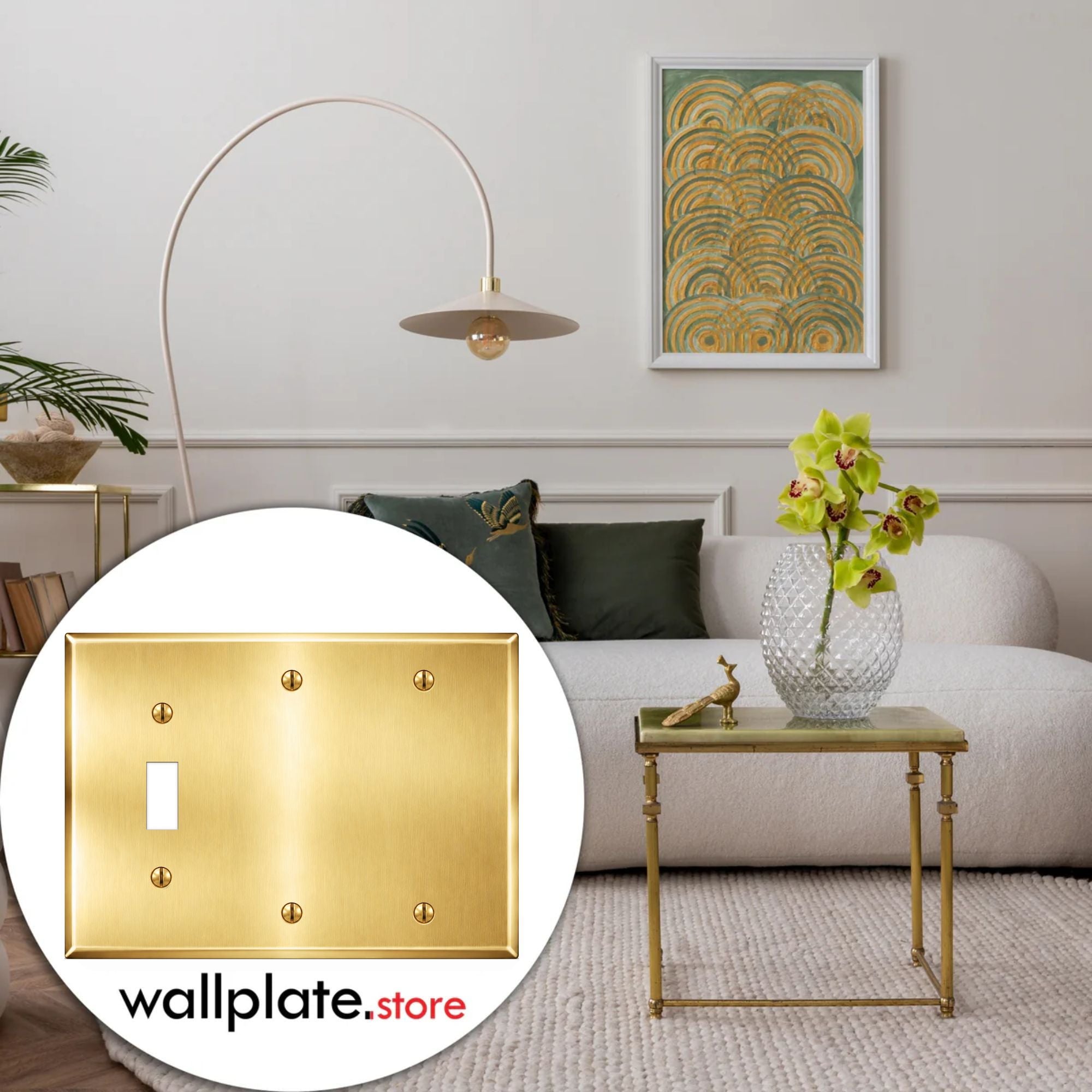 3-Gang, Standard Size, 1 Toggle Switch, 2 Blank Openings, Satin Brass Finish, Metal Wall Plate Outlet Cover - Made in USA