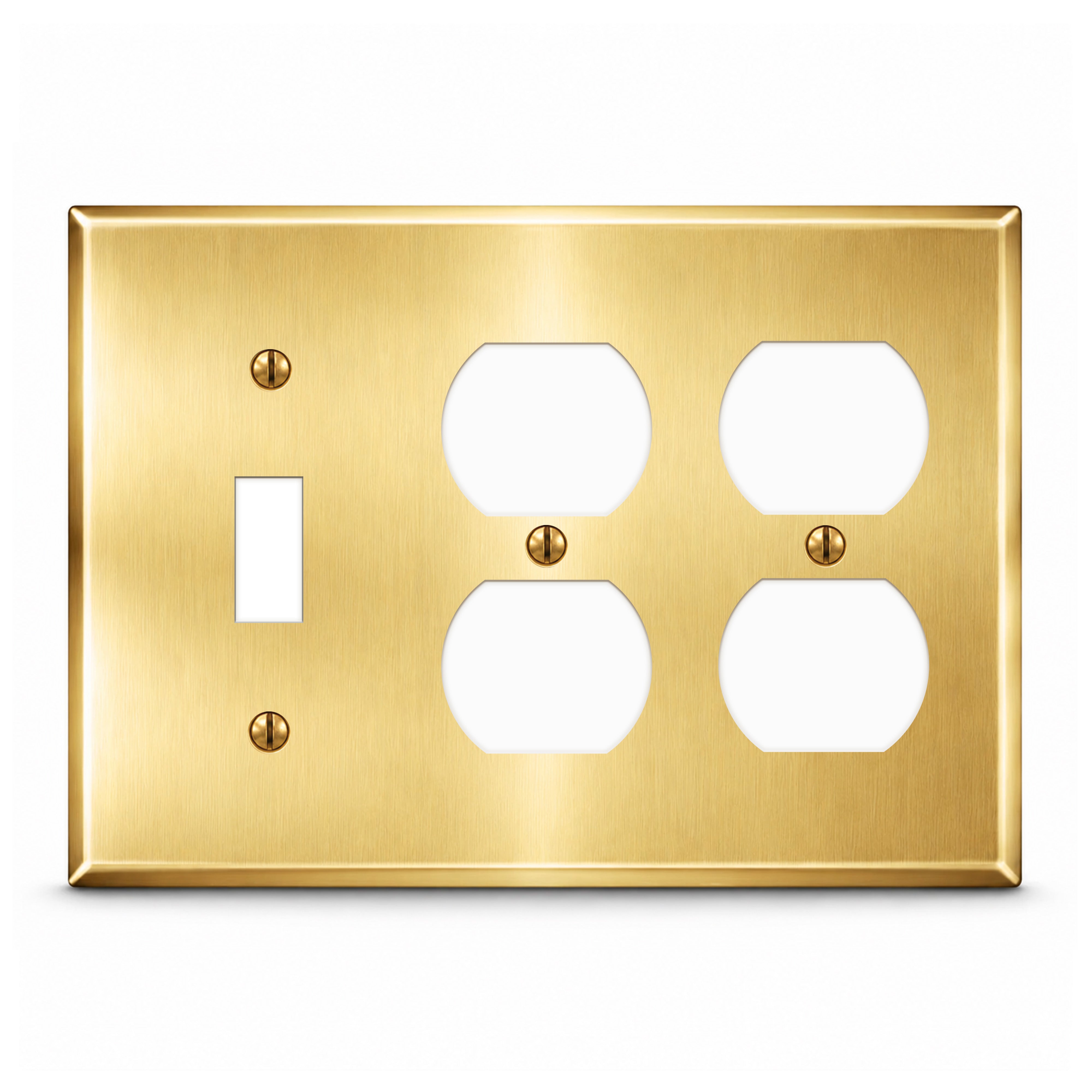 3-Gang Wallplate, Standard Size, (1) Toggle & (2) Duplex Openings, Satin Brass Finish Metal Outlet Cover - Made in USA