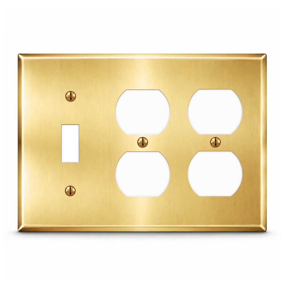 3-Gang Wallplate, Standard Size, (1) Toggle & (2) Duplex Openings, Satin Brass Finish Metal Outlet Cover - Made in USA