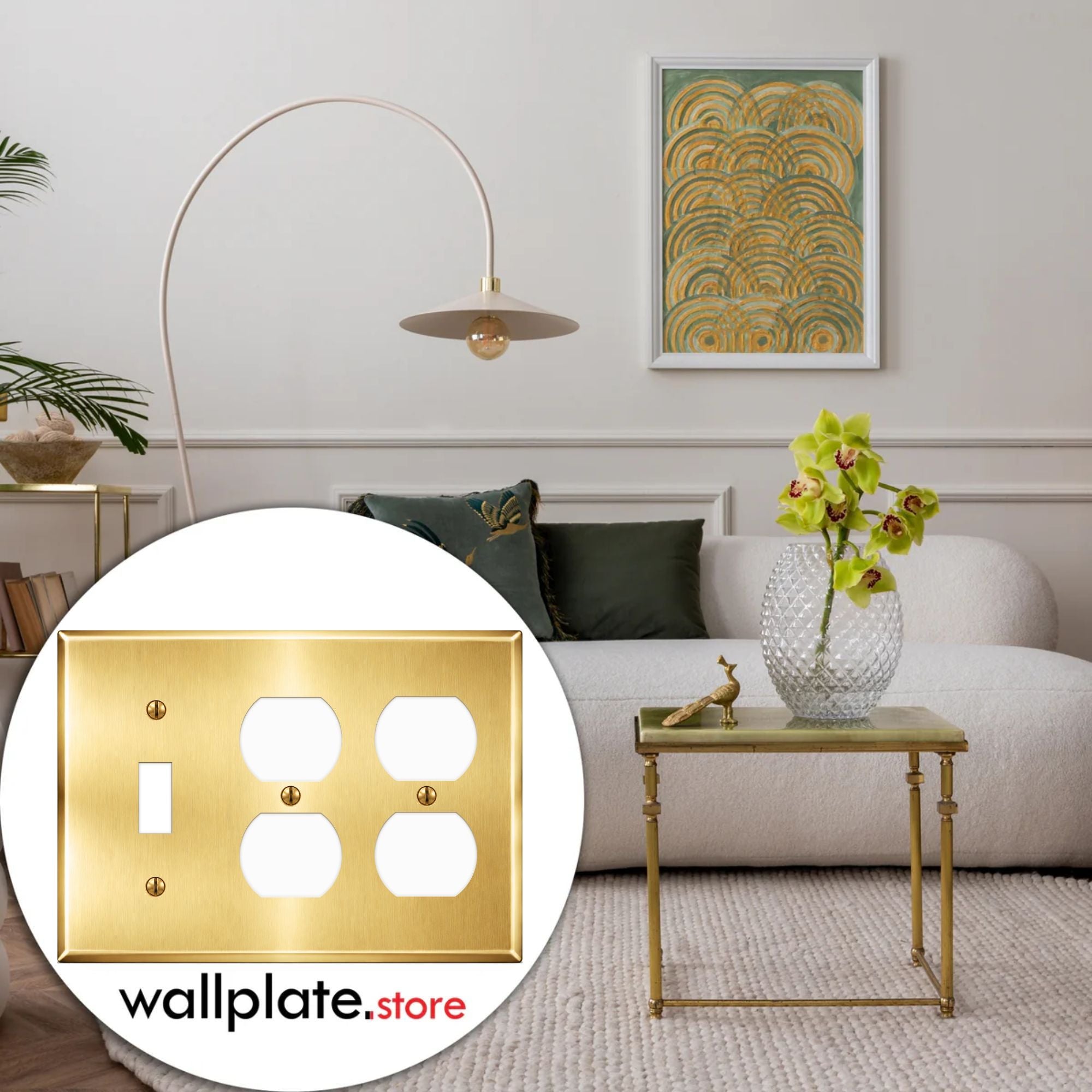 3-Gang Wallplate, Standard Size, (1) Toggle & (2) Duplex Openings, Satin Brass Finish Metal Outlet Cover - Made in USA