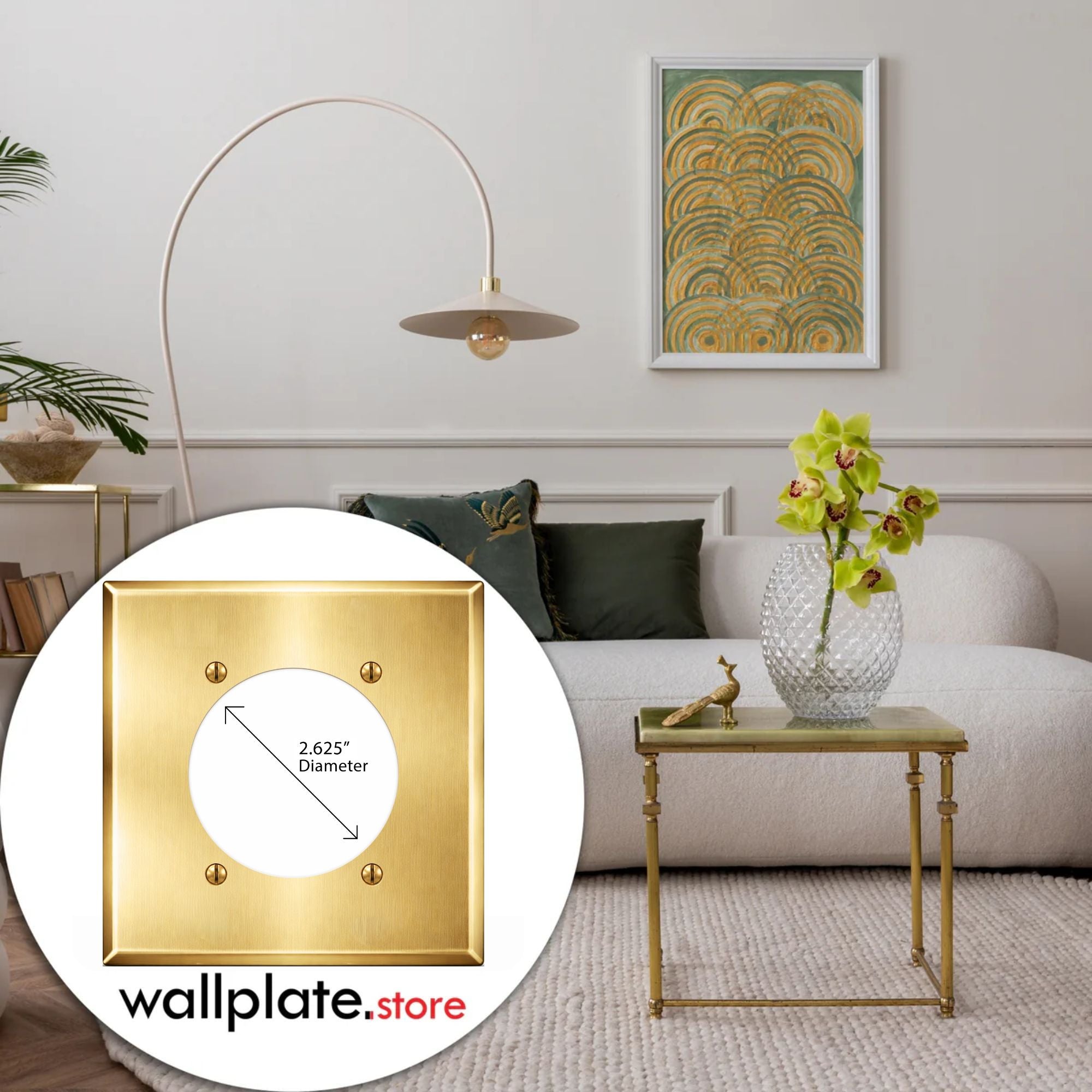 2-Gang, Standard Size, One 30/50/60A 4 Wire Round Receptacle Opening (2.625 in. ID), Centered, Satin Brass Finish, Metal Wall Plate Outlet Cover - Made in USA