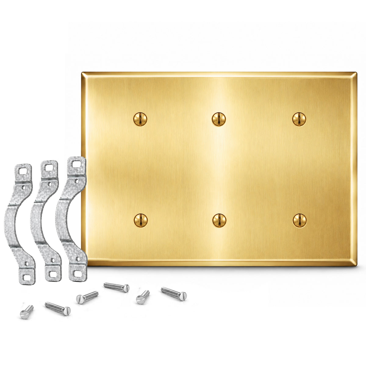 3-Gang, Standard Size, 3 Blank Openings with Mounting Straps, Satin Brass Finish, Metal Wall Plate Outlet Cover - Made in USA