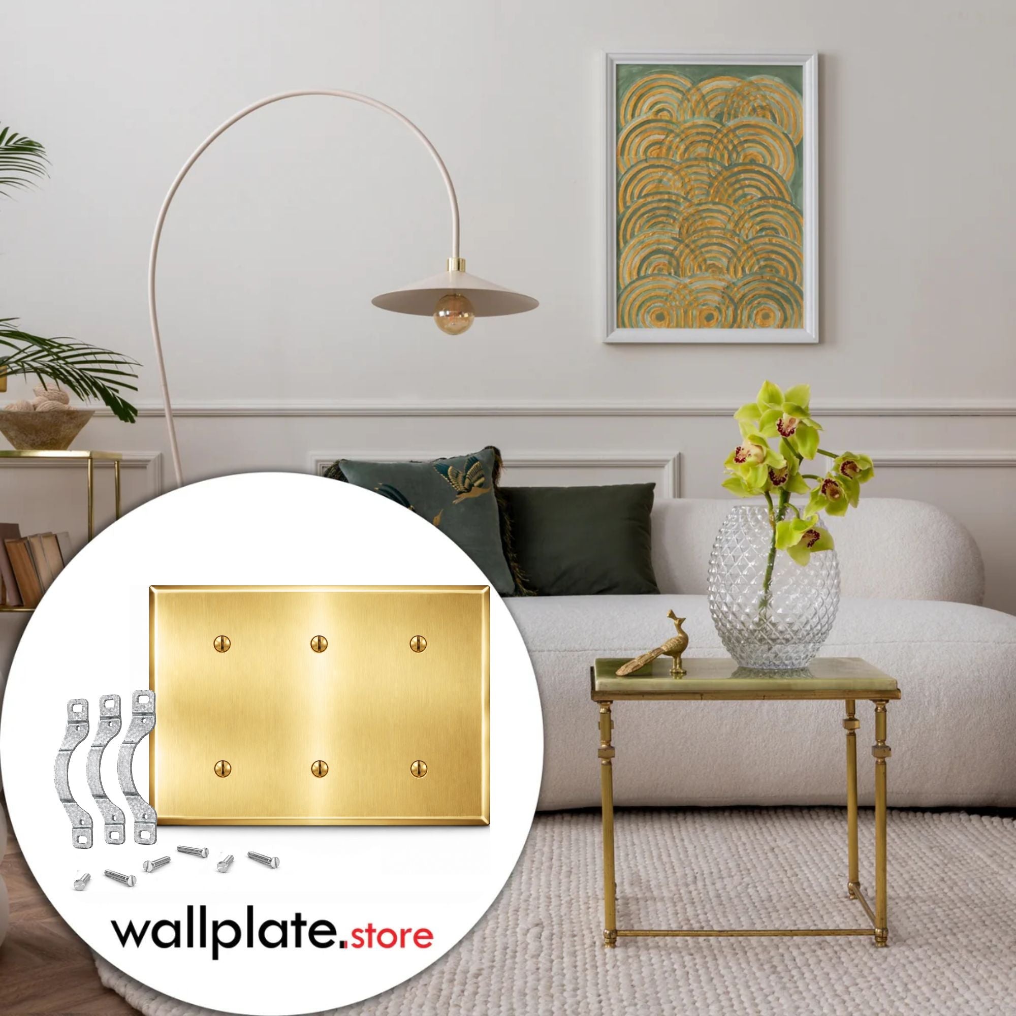 3-Gang, Standard Size, 3 Blank Openings with Mounting Straps, Satin Brass Finish, Metal Wall Plate Outlet Cover - Made in USA