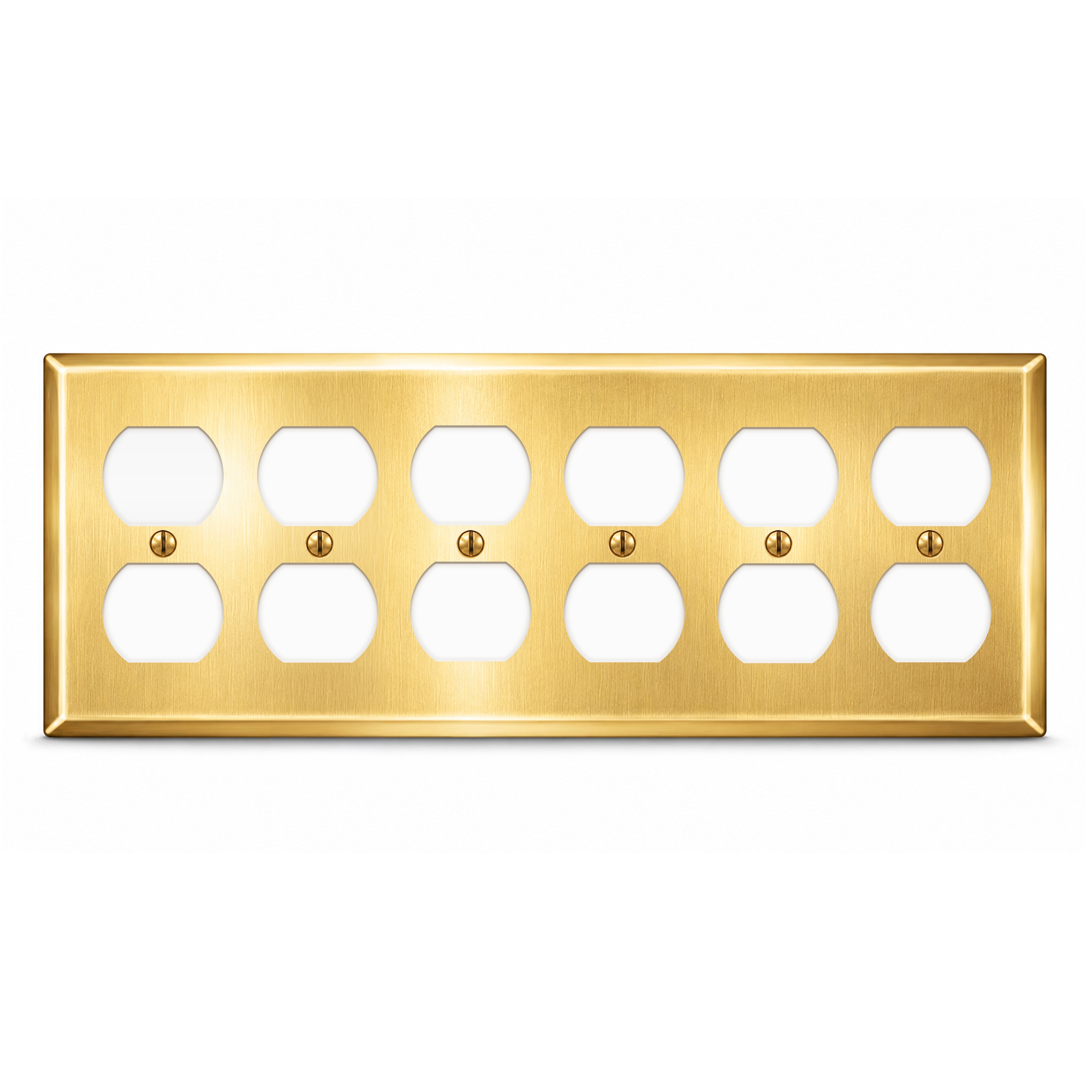 6-Gang, Standard Size, 6 Duplex Openings, Satin Brass Finish, Solid Brass Wall Plate Outlet Cover - Made in USA