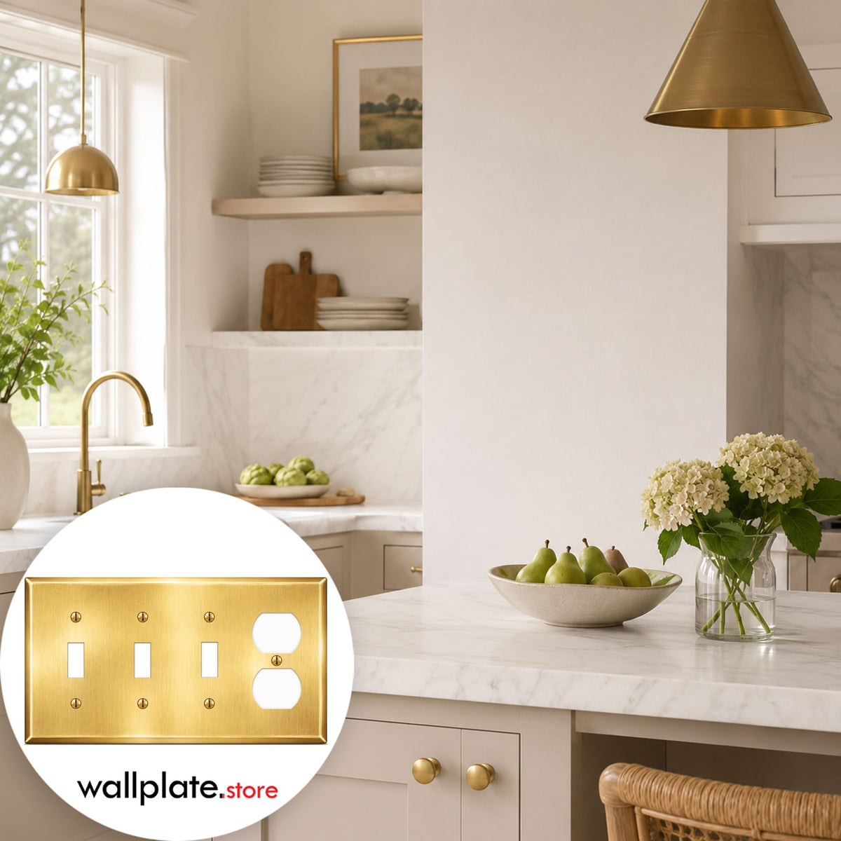 4-Gang Wallplate, Standard Size, (3) Toggle & (1) Duplex Opening, Satin Brass Finish Metal Outlet Cover - Made in USA