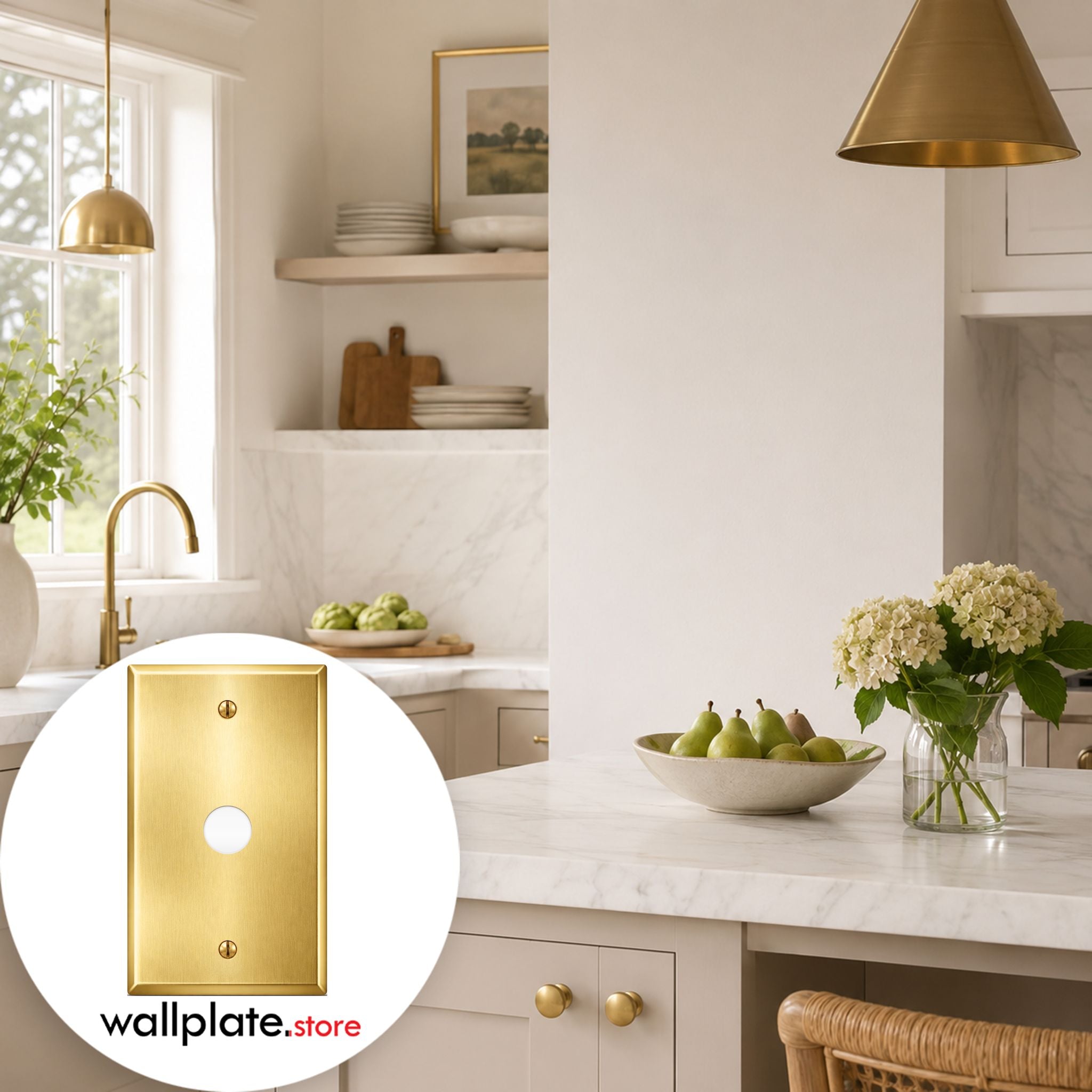 1-Gang, Standard Size, 1/2 in. Round Telephone Opening with 0.375 in. ID Grommet and Mounting Strap, Satin Brass Finish, Metal Wall Plate Outlet Cover - Made in USA