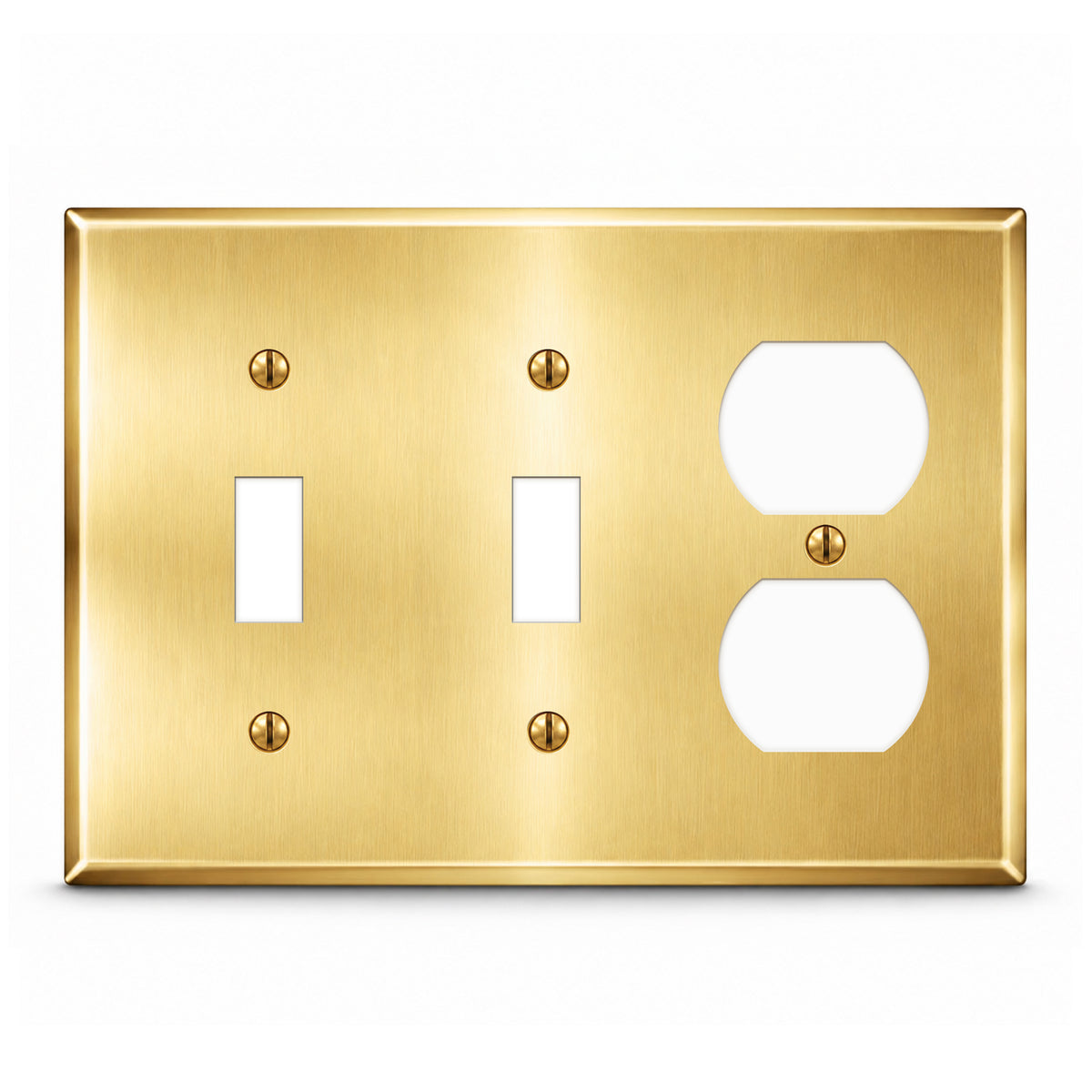 3-Gang, Standard Size, 2 Toggle, 1 Duplex Opening, Satin Brass Finish, Painted Metal Wall Plate Outlet Cover - Made in USA