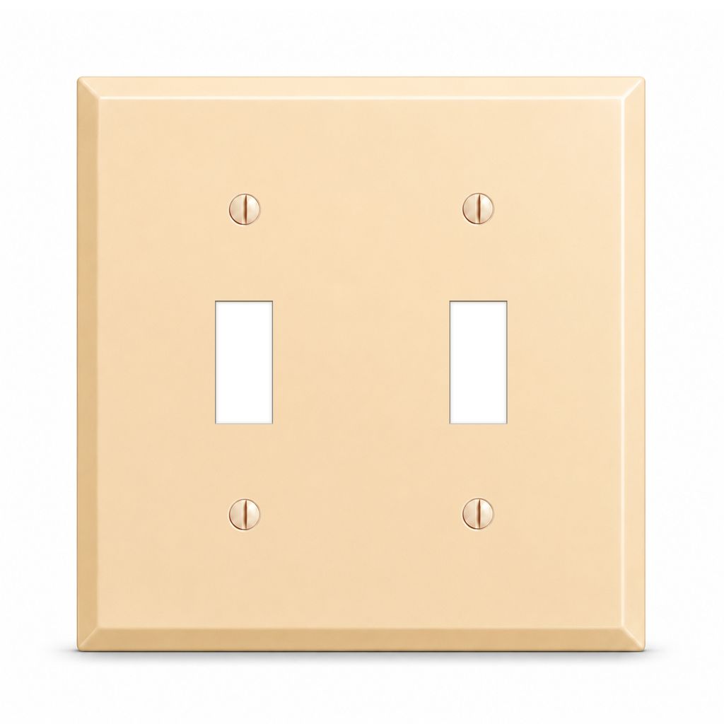 A dual switch plate cover with two vertical toggle switch cutouts, featuring four screw holes and a matte finish in a warm cream or light beige color, shown on a plain white background.