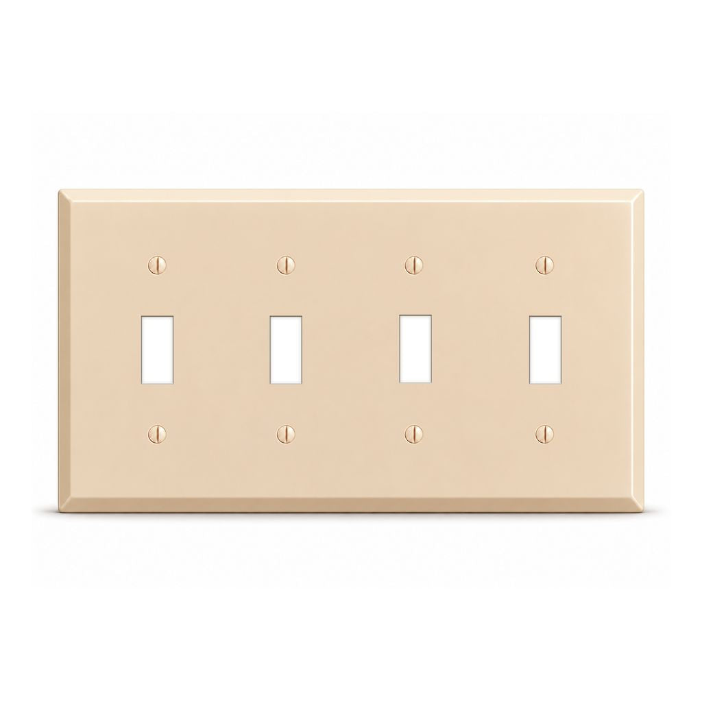 4-Gang, Standard Size, (4) Toggle Openings, Almond Semi-Gloss Finish, Metal Wall Plate Outlet Cover - Made in USA