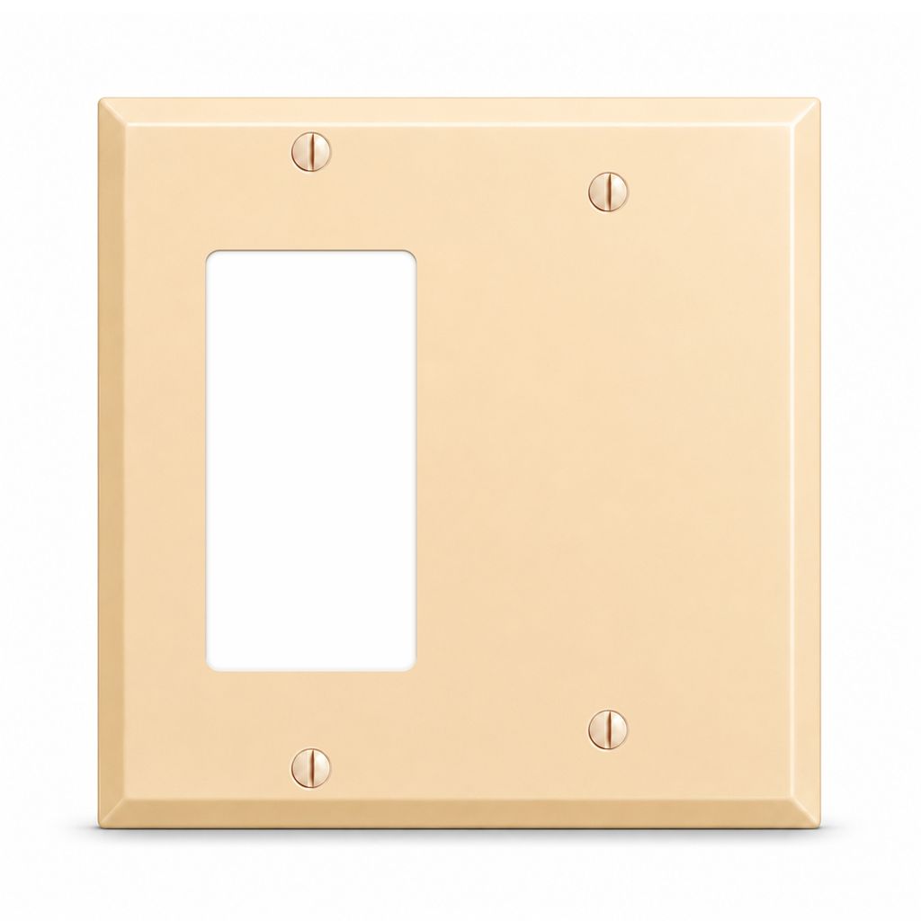 2-Gang, Standard Size, 1 GFI Decora and 1 Blank Opening, Almond Semi-Gloss Finish, Metal Wall Plate Outlet Cover - Made in USA